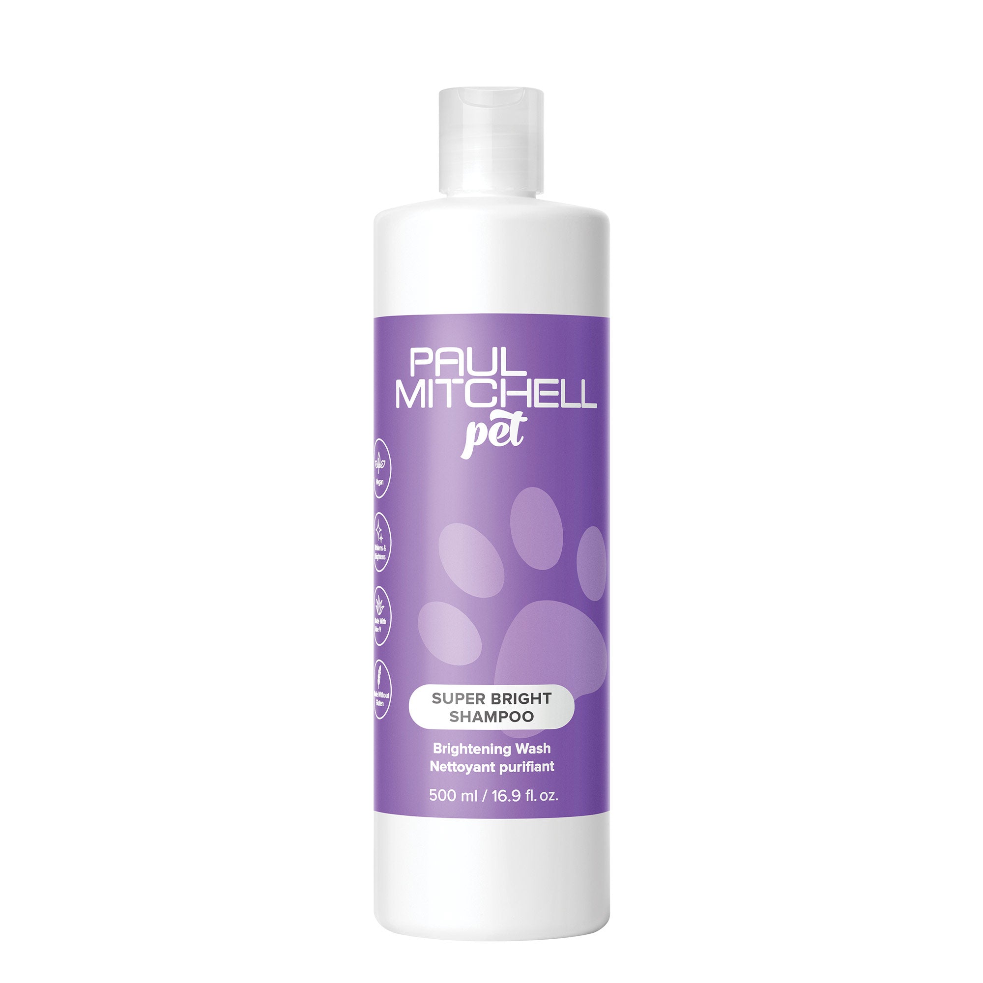 A bottle of Paul Mitchell Super Bright Shampoo designed for pets, with purple and white color scheme and branding details.