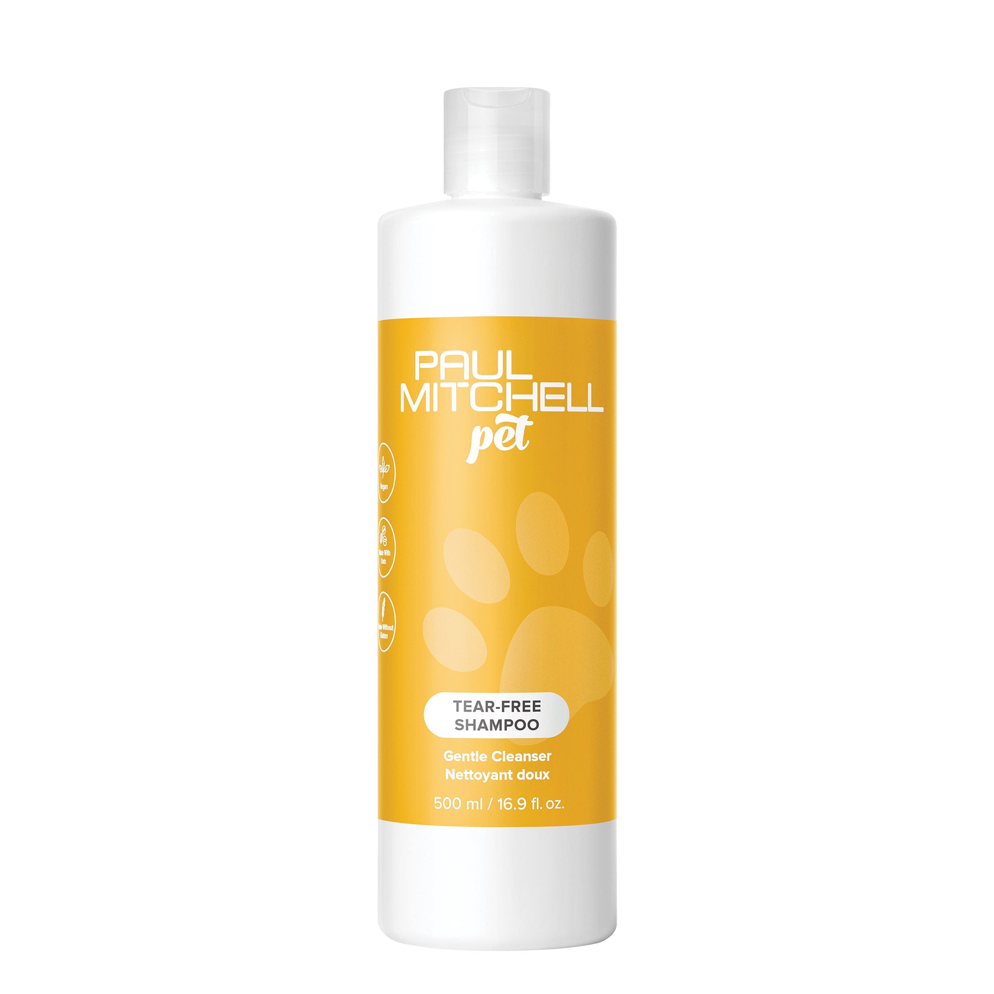 A bottle of Paul Mitchell Pet Tear-Free Shampoo with a white and yellow label.