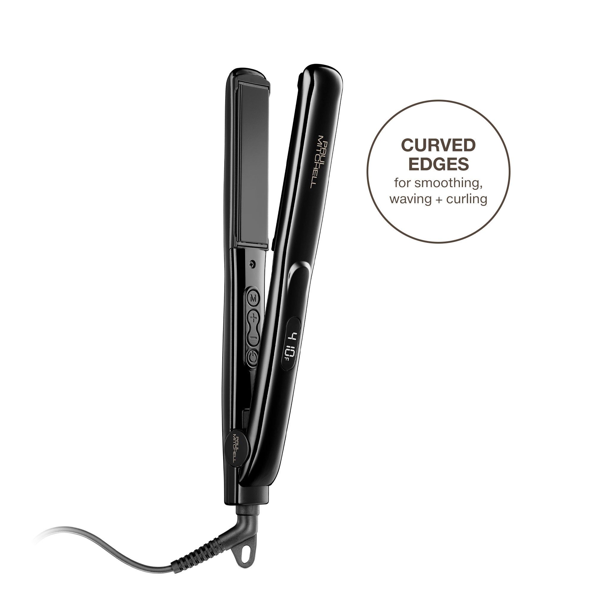 A black Paul Mitchell Style+ 1 inch ceramic flat iron with curved edges for smoothing, waveing, and curling.