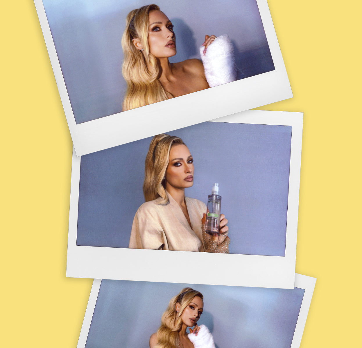 Three Polaroid-style images of Paris Hilton