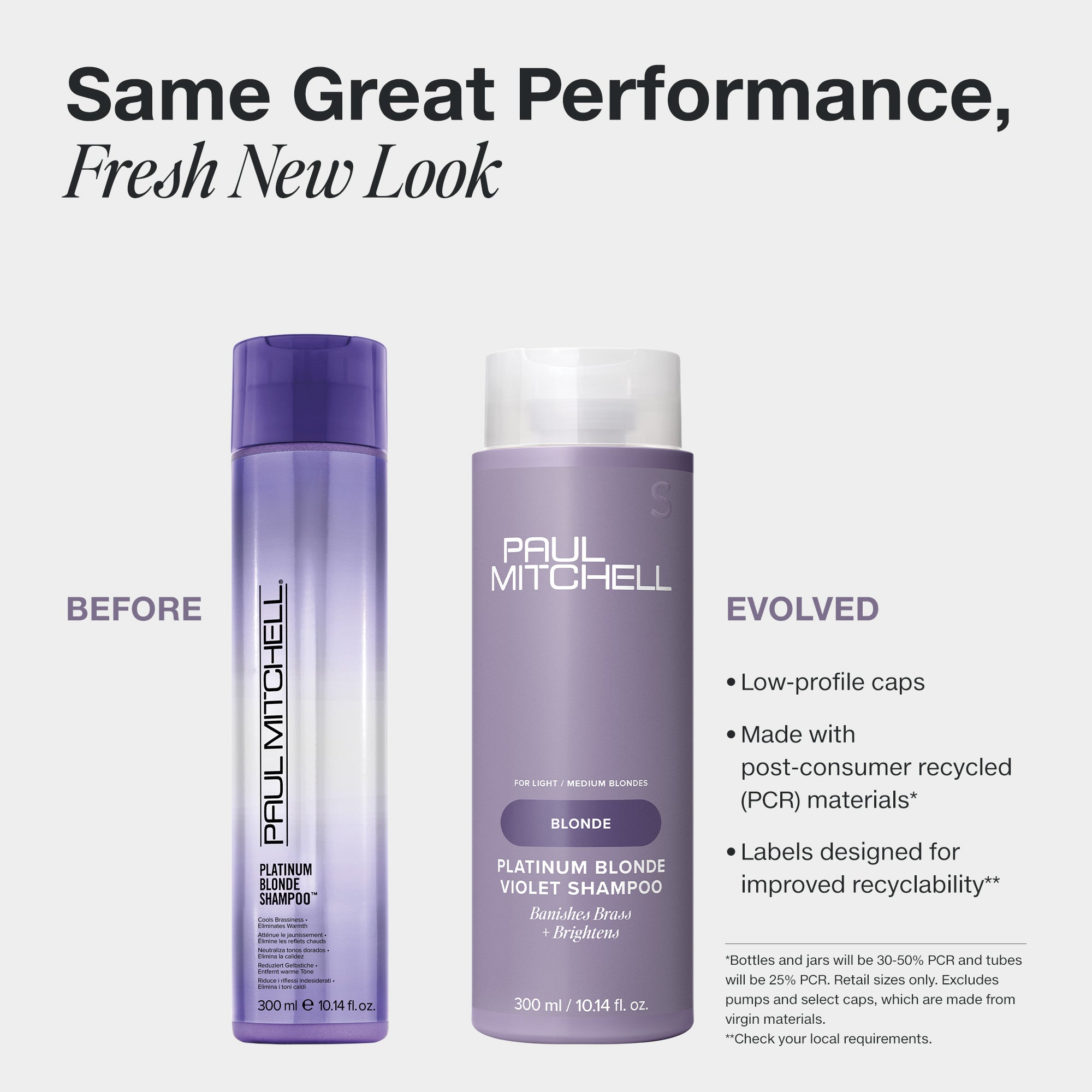 Old to new packaging comparison infographic for Paul Mitchell Platinum Blonde Violet Shampoo