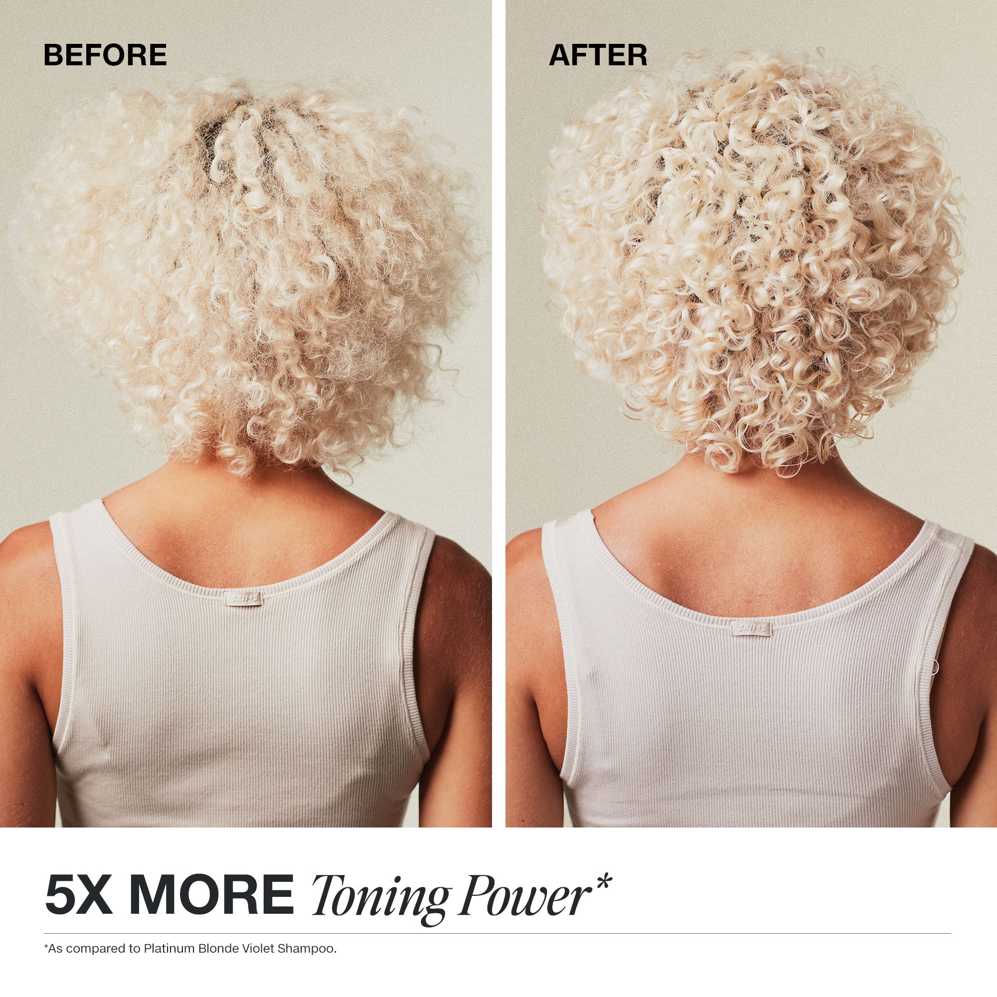 Before & after comparison infographic of Paul Mitchell Platinum Plus Deep Violet Shampoo