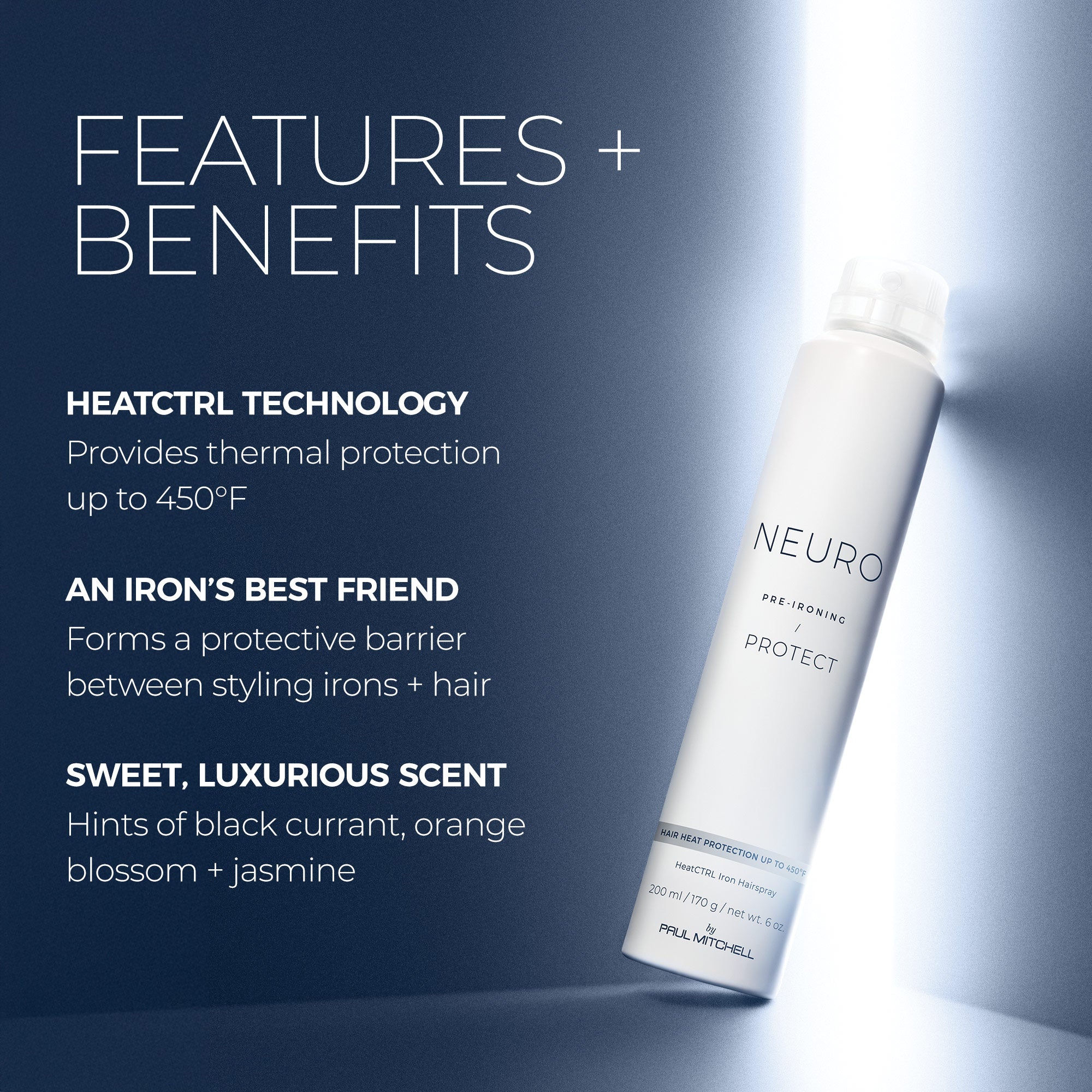 Neuro Protect HeatCTRL Iron Hairspray: heat protection up to 450°F forms a protective barrier with a sweet, luxurious scent.