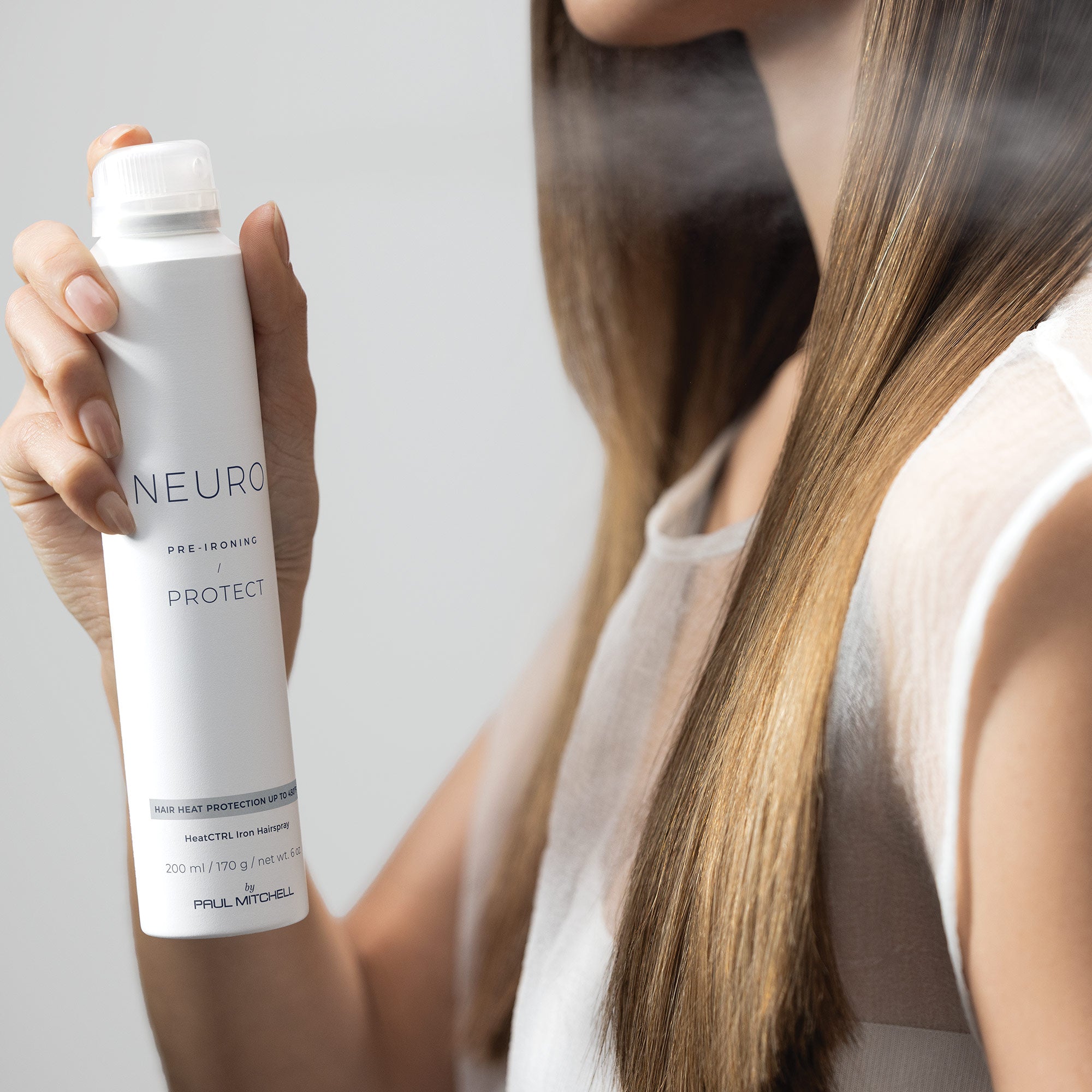 Neuro Protect HeatCTRL Iron Hairspray delivers shine, hold, humidity resistance and heat protection up to 450°F.