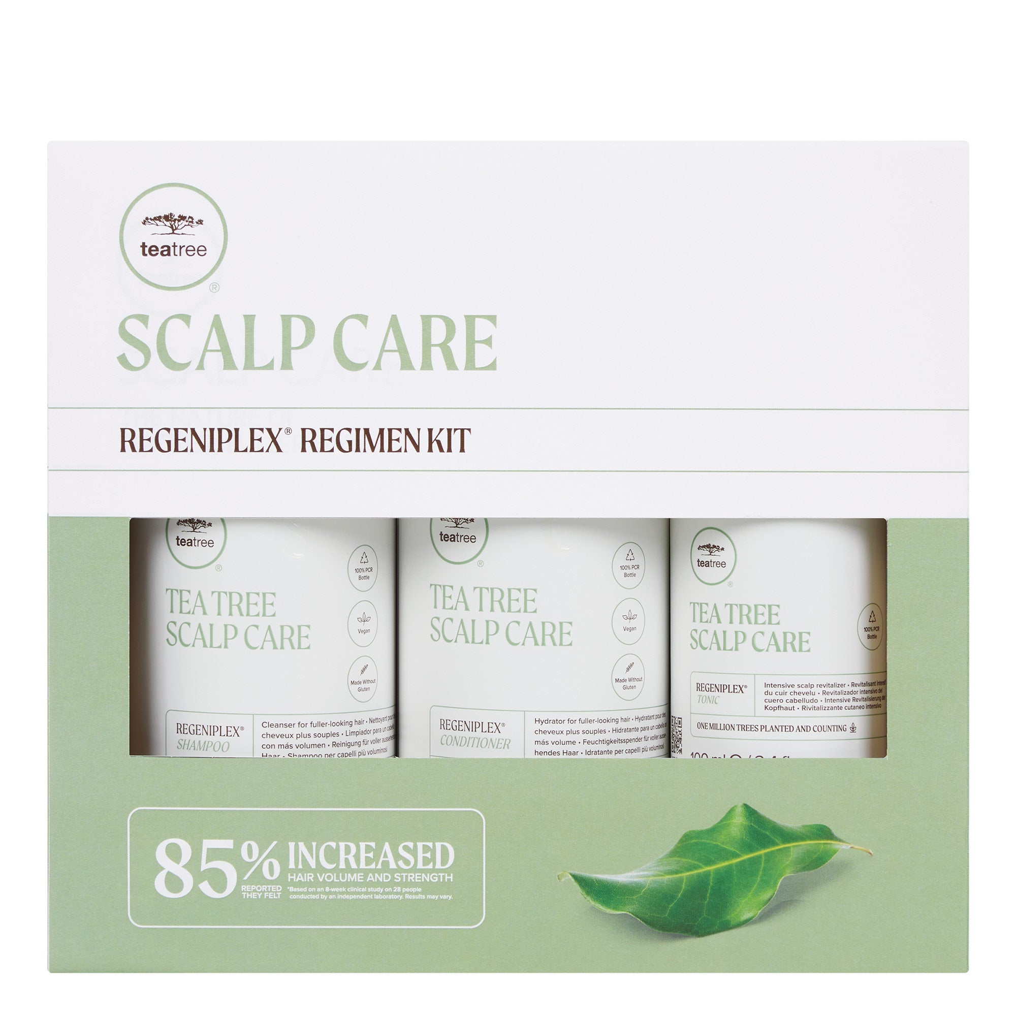 A Scalp Care Regeniplex Regimen Kit by Tea Tree, containing three products including shampoo, conditioner, and tonic, packaged in a cardboard box with green and white color scheme and leaf illustrations.