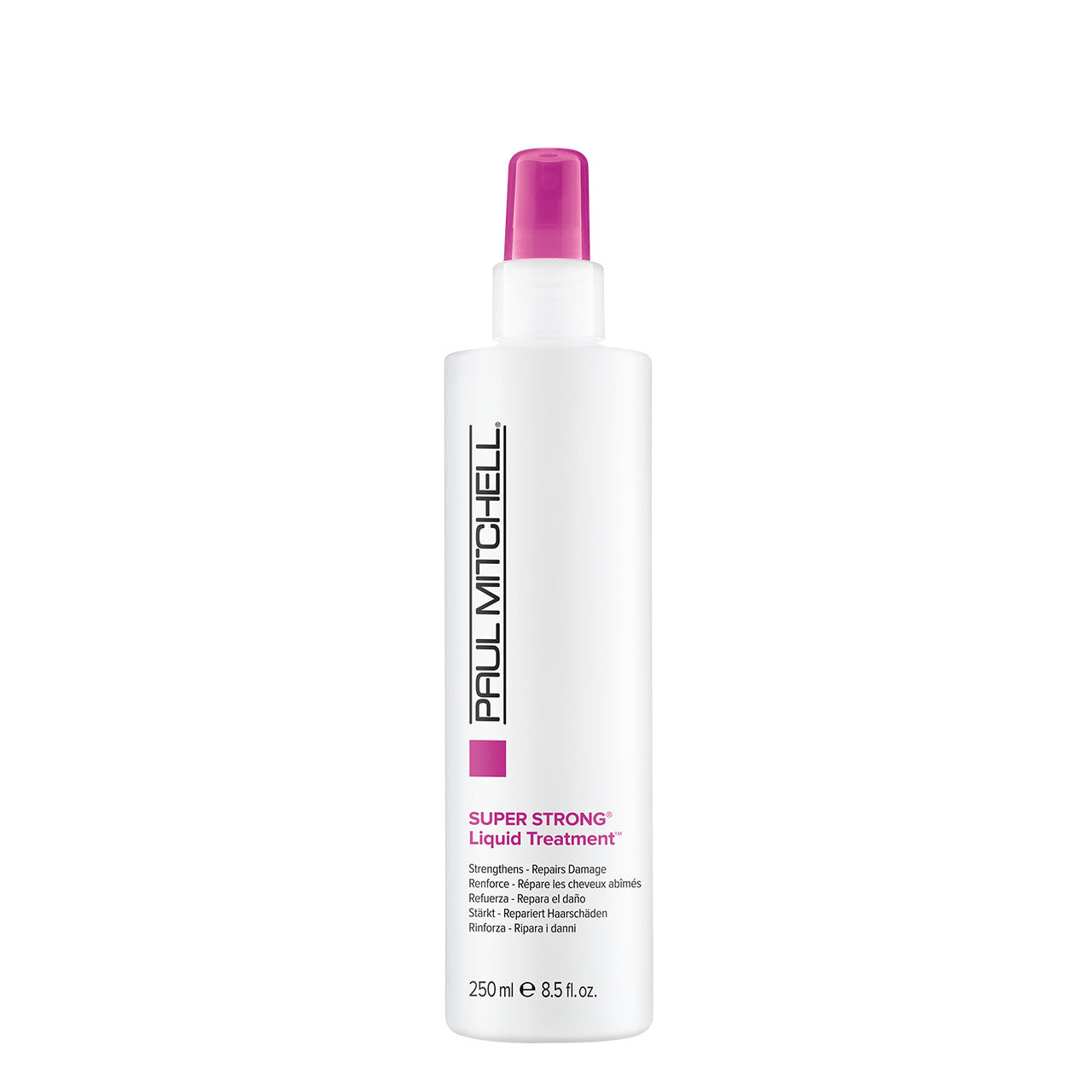 A bottle of Paul Mitchell Super Strong Liquid Treatment designed for damaged hair.