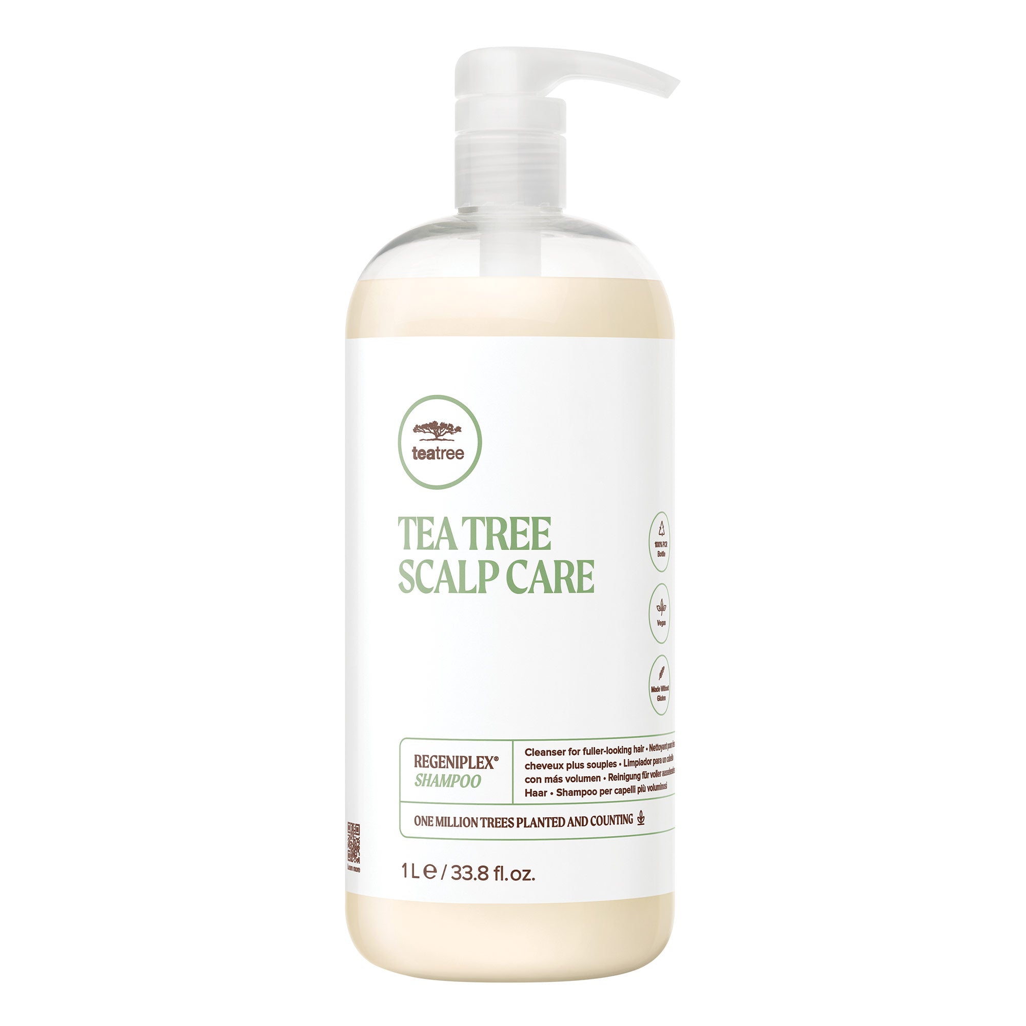A bottle of Tea Tree Scalp Care Regeniplex Shampoo on a white background