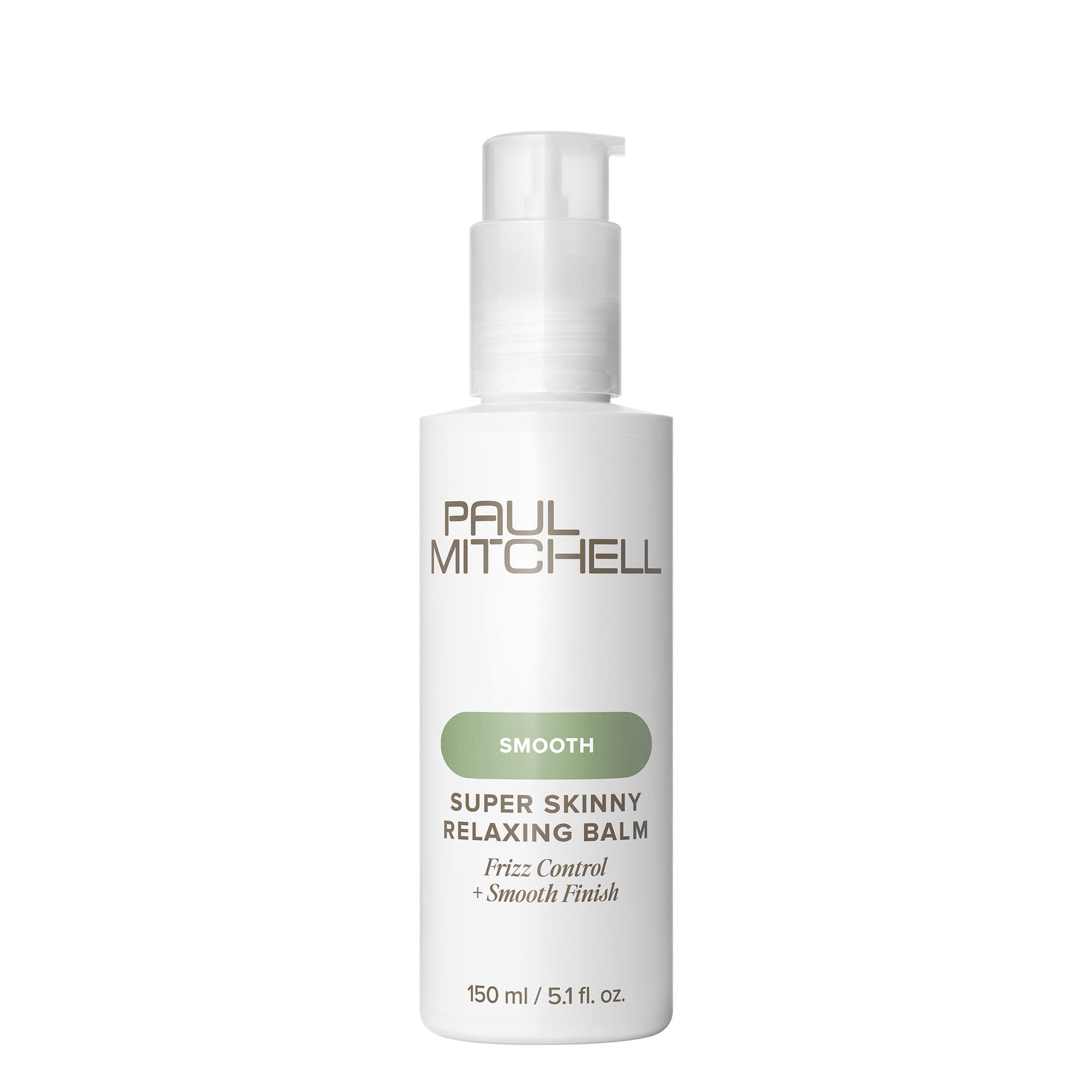 A pump bottle of Paul Mitchell Super Skinny Relaxing Balm, designed for smoothing and frizz control in hair.
