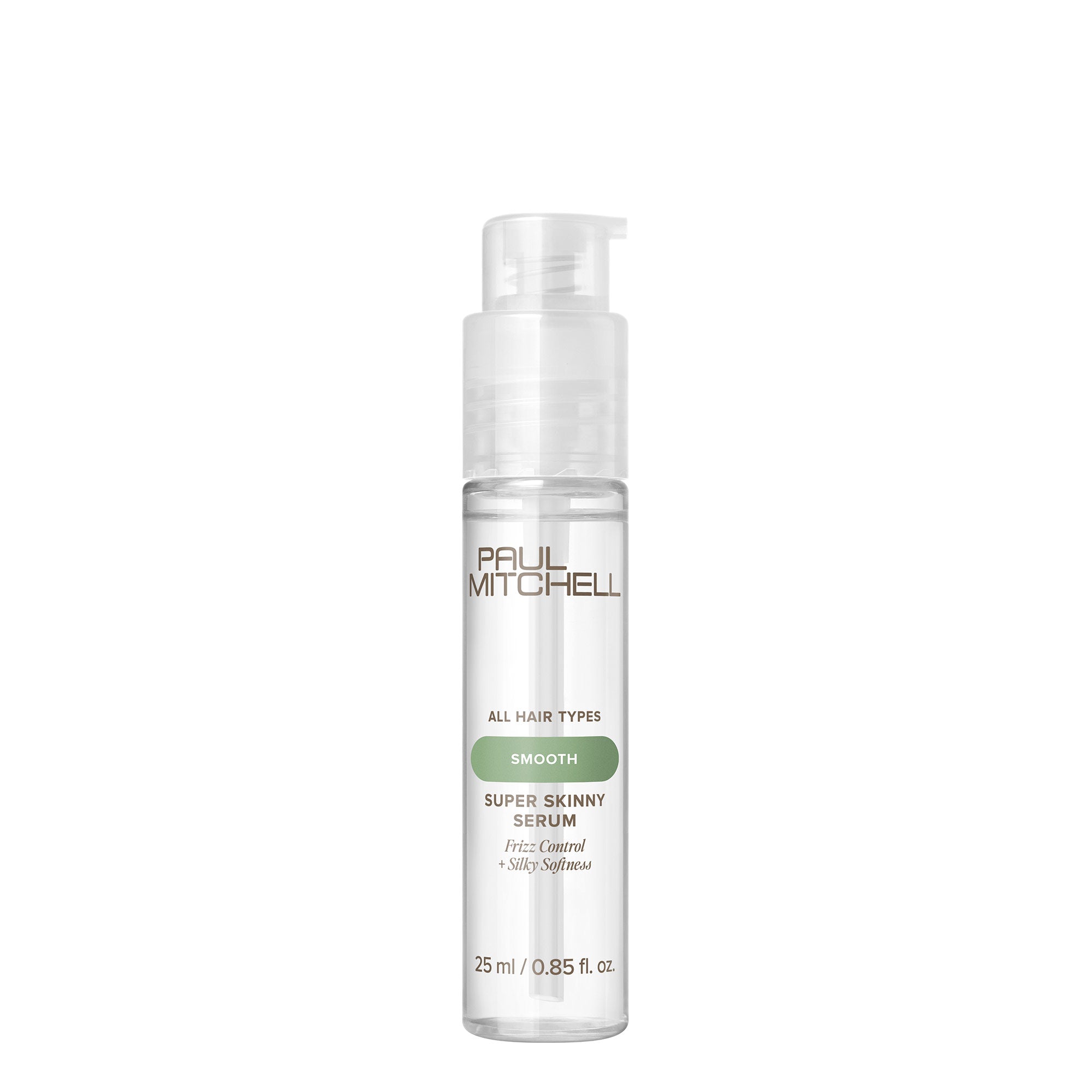A pump bottle of Paul Mitchell Super Skinny Serum, designed for smoothing hair and reducing drying time with heat protection.
