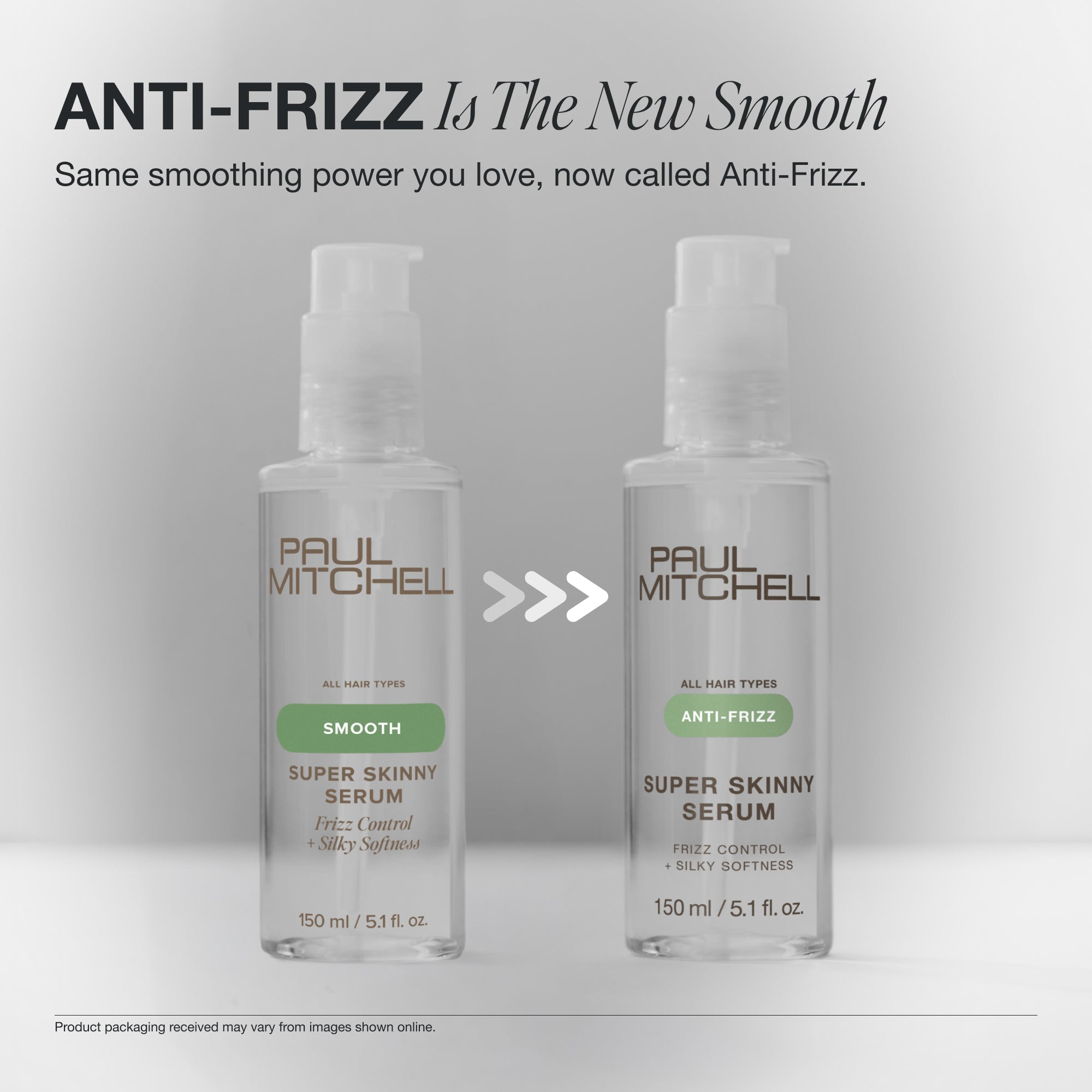 The same smoothing power you love, now called Anti-Frizz on Paul Mitchell Super Skinny Serum packaging.