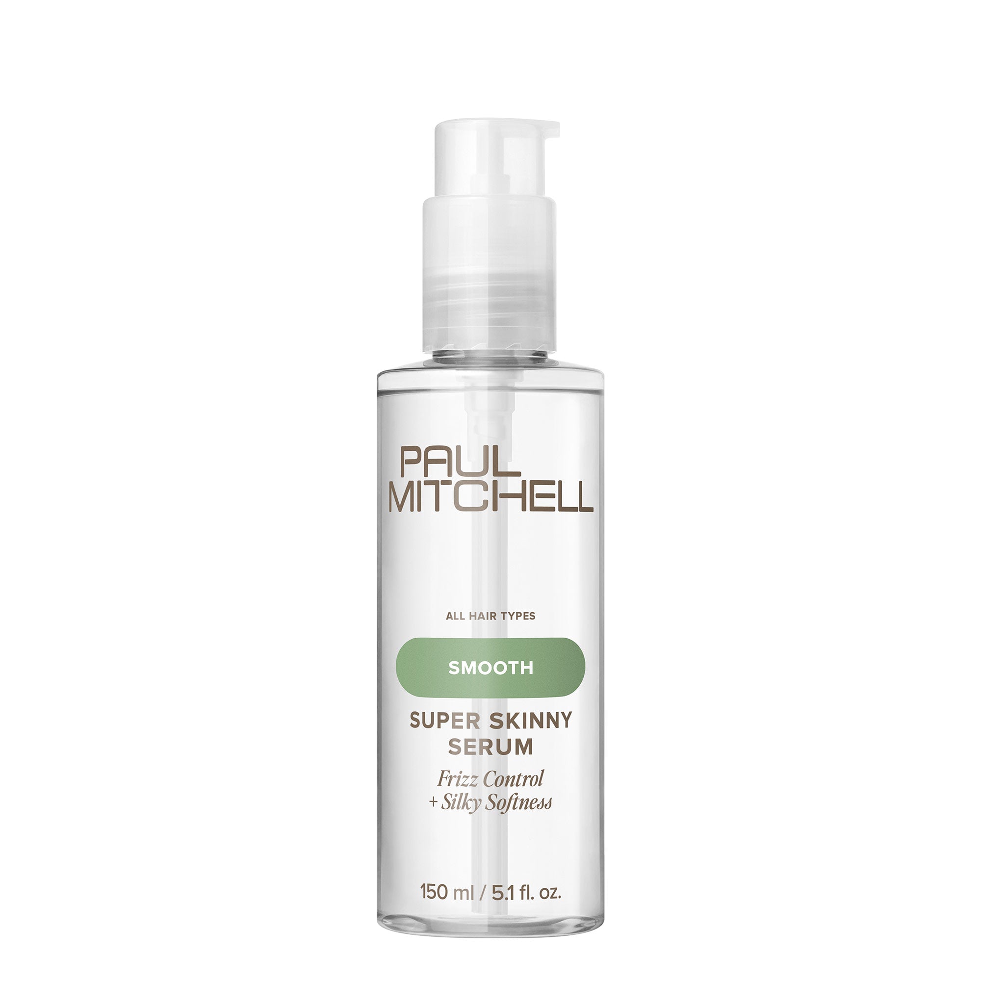 A pump bottle of Paul Mitchell Super Skinny Serum, designed for smoothing hair and reducing drying time with heat protection.