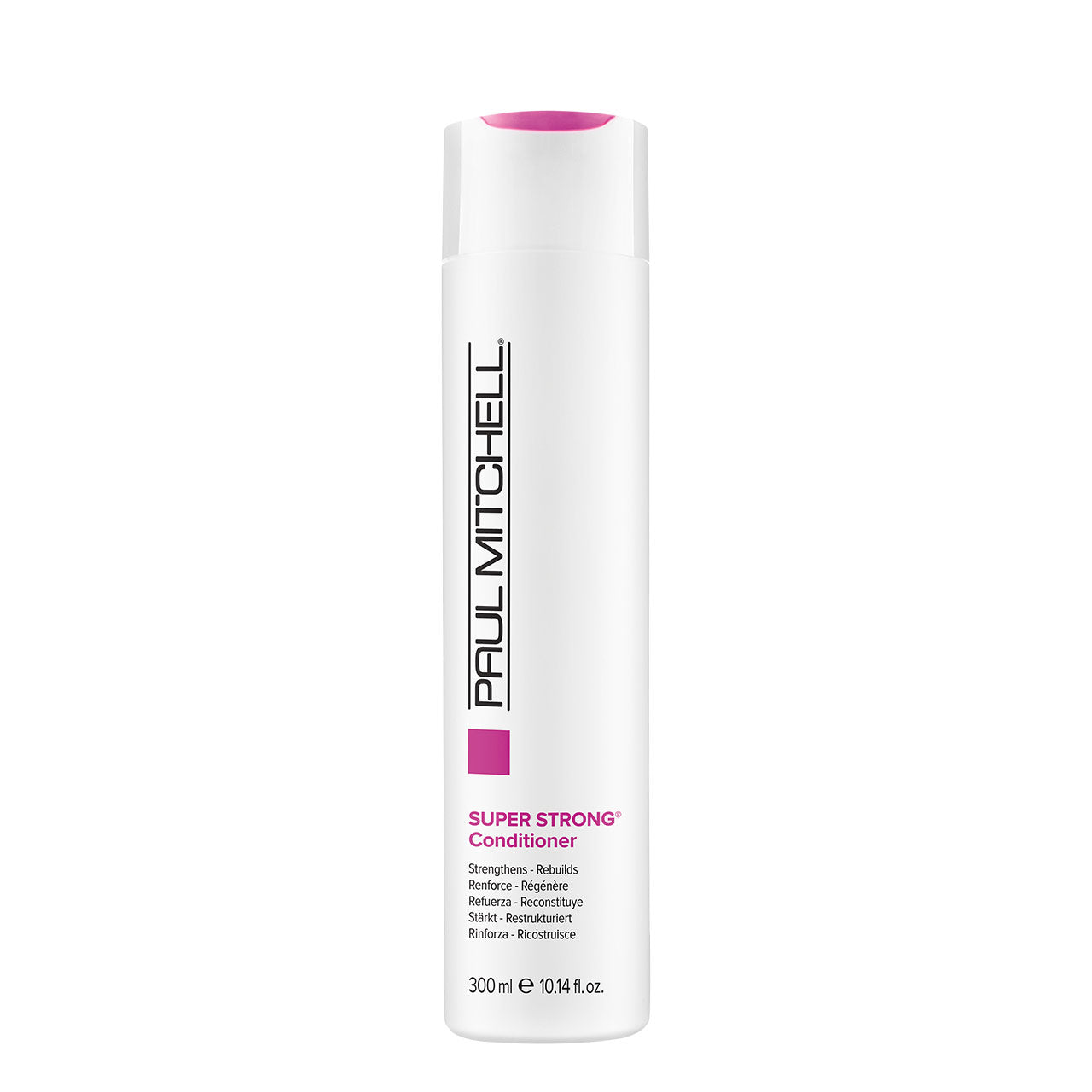 A bottle of Paul Mitchell Super Strong Conditioner, which is designed to repair and strengthen damaged hair.