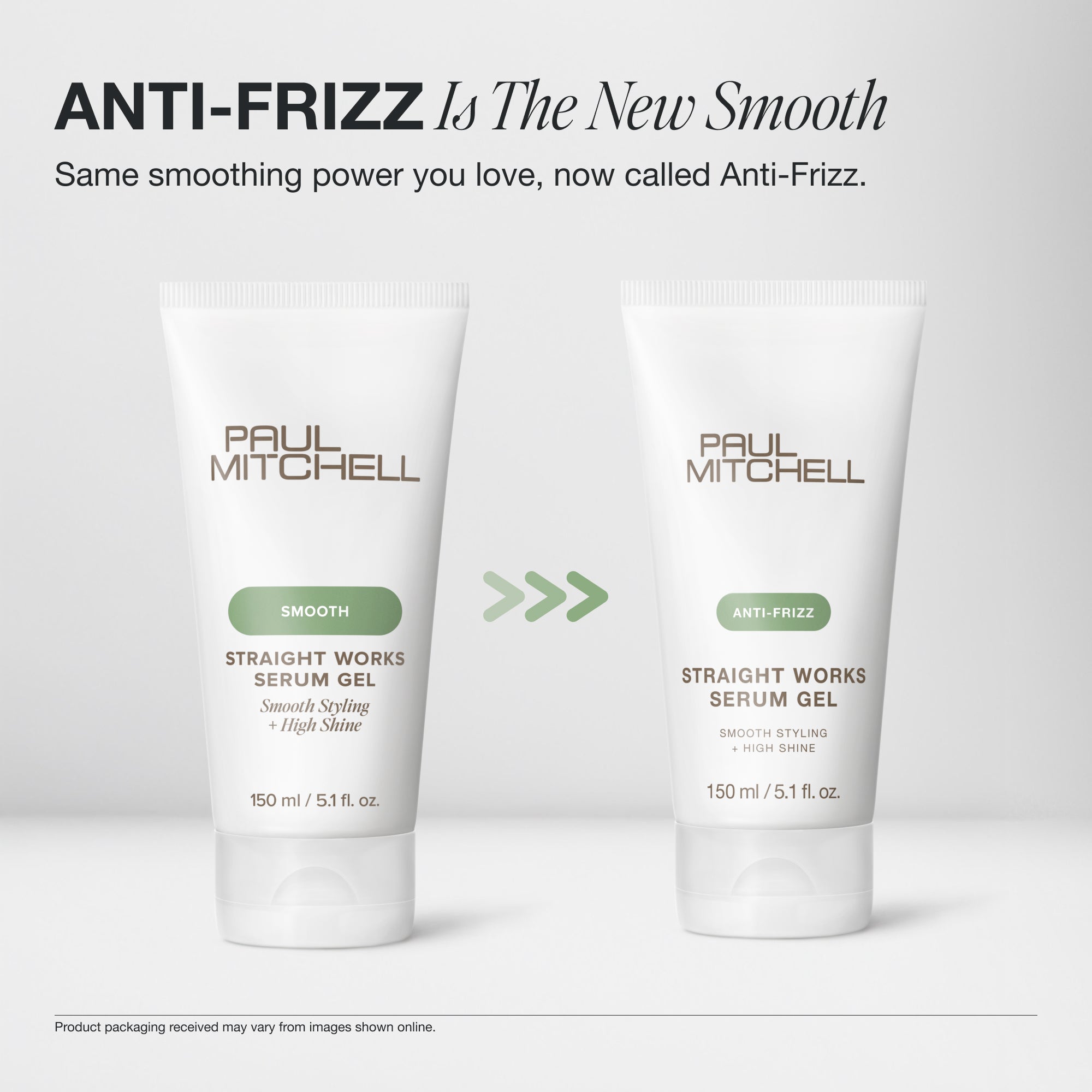 The same smoothing power you love, now called Anti-Frizz on Paul Mitchell Straight Works Serum Gel packaging.