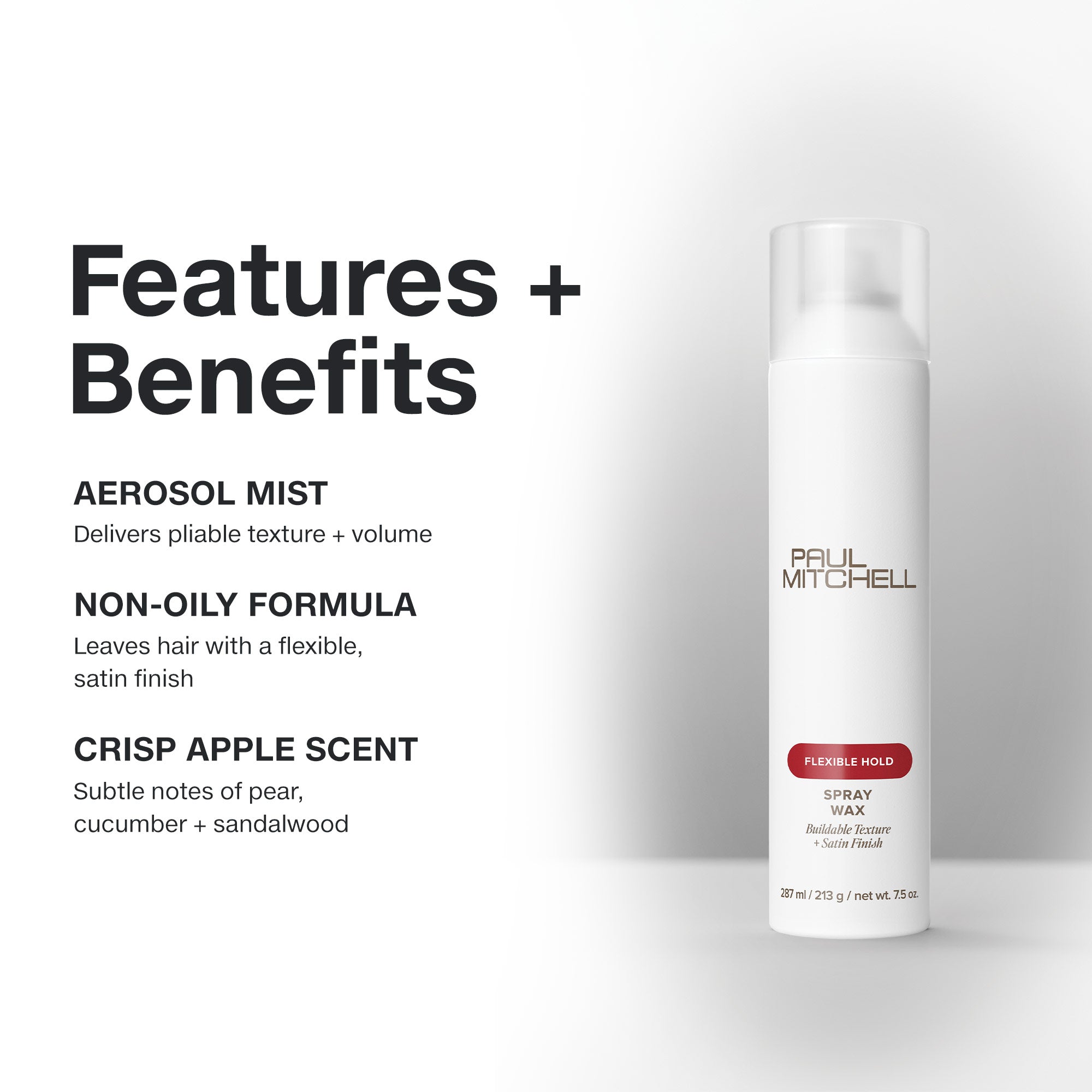 Paul Mitchell Spray Wax: non-oily aerosol mist formula delivers pliable texture and volume with a crisp apple scent.