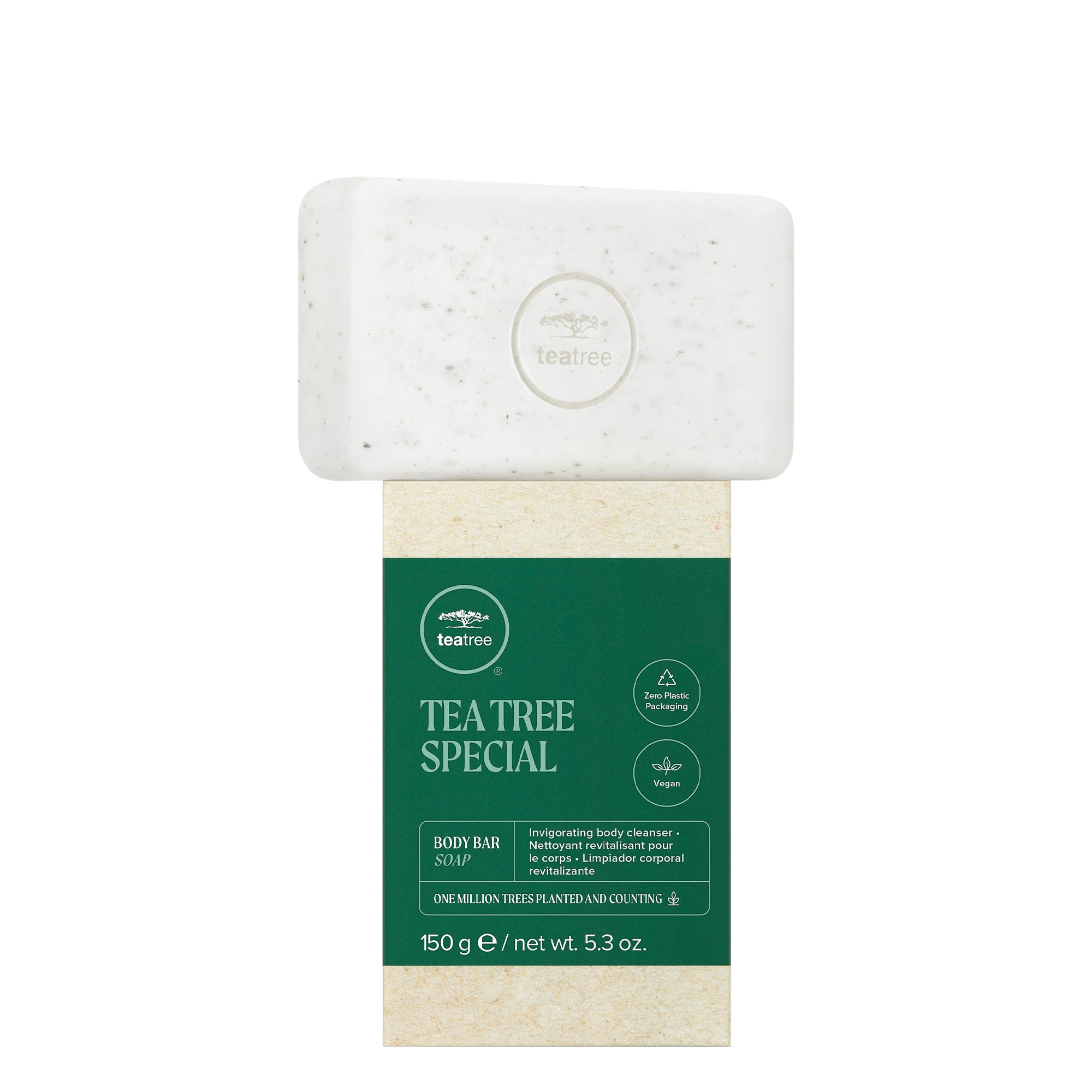 A bar of Tea Tree Special Body Bar with packaging on a white background
