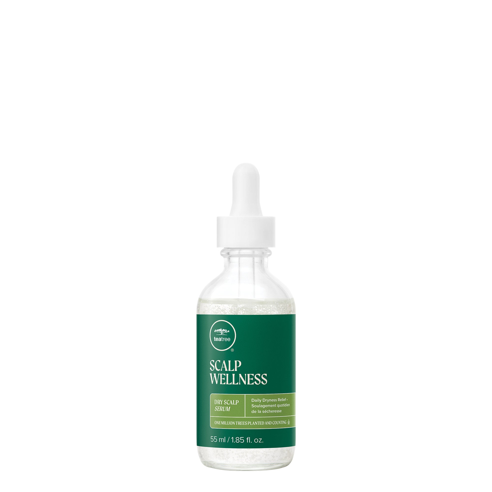 A bottle of Tea Tree Scalp Wellness Dry Scalp Serum with a dropper on a white background