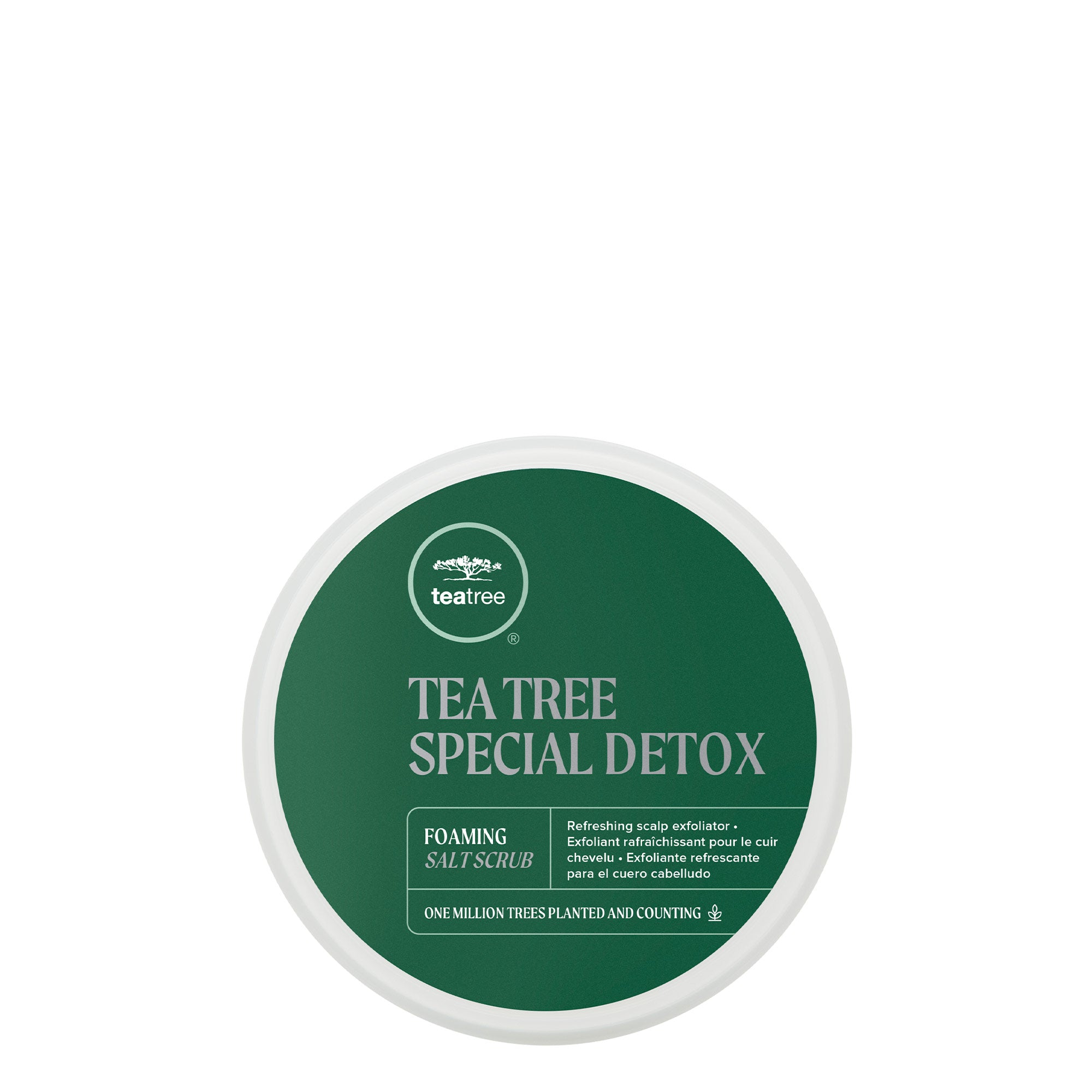 A container of Tea Tree Special Detox Foaming Salt Scrub on a white background
