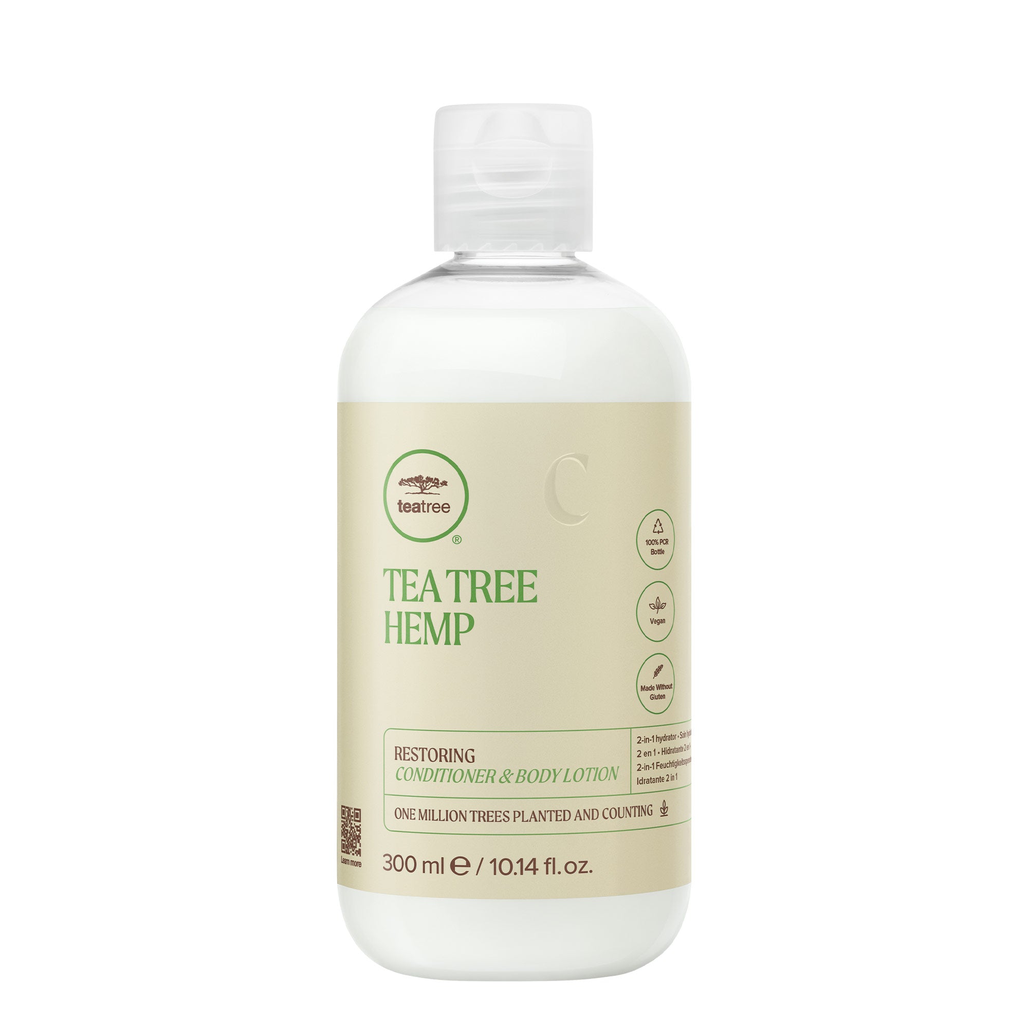 A bottle of Tea Tree Hemp Restoring Conditioner & Body Lotion on a white background