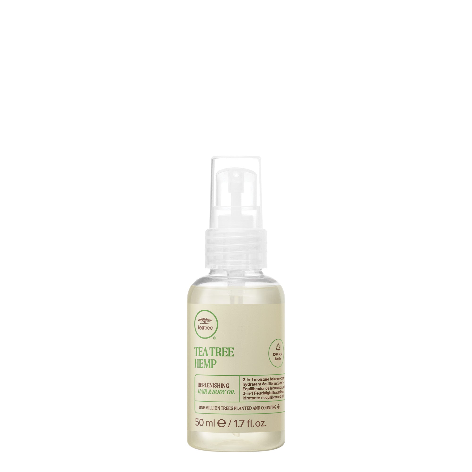 A bottle of Tea Tree Hemp Replenishing Hair & Body Oil on a white background