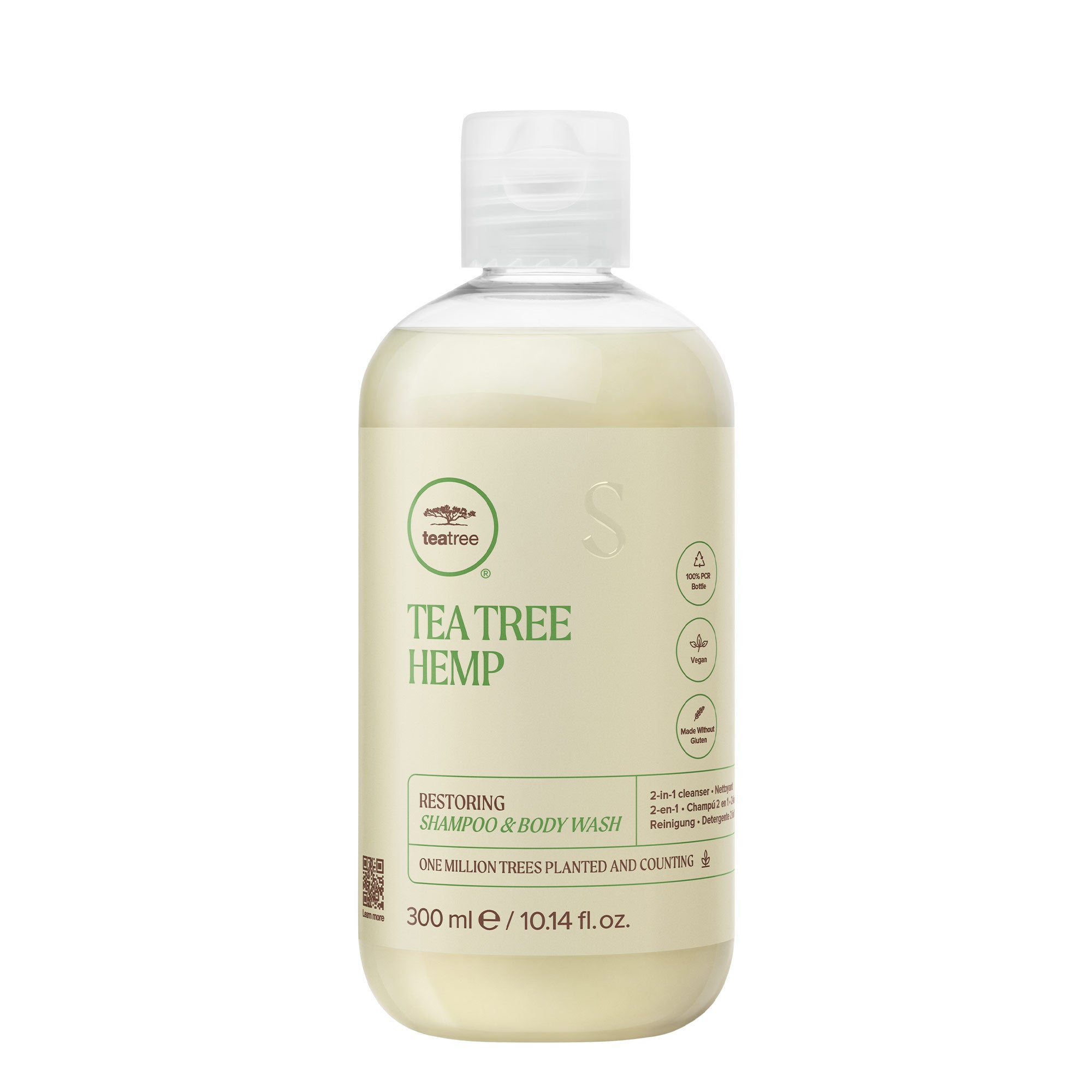A bottle of Tea Tree Hemp Restoring Shampoo & Body Wash on a white background