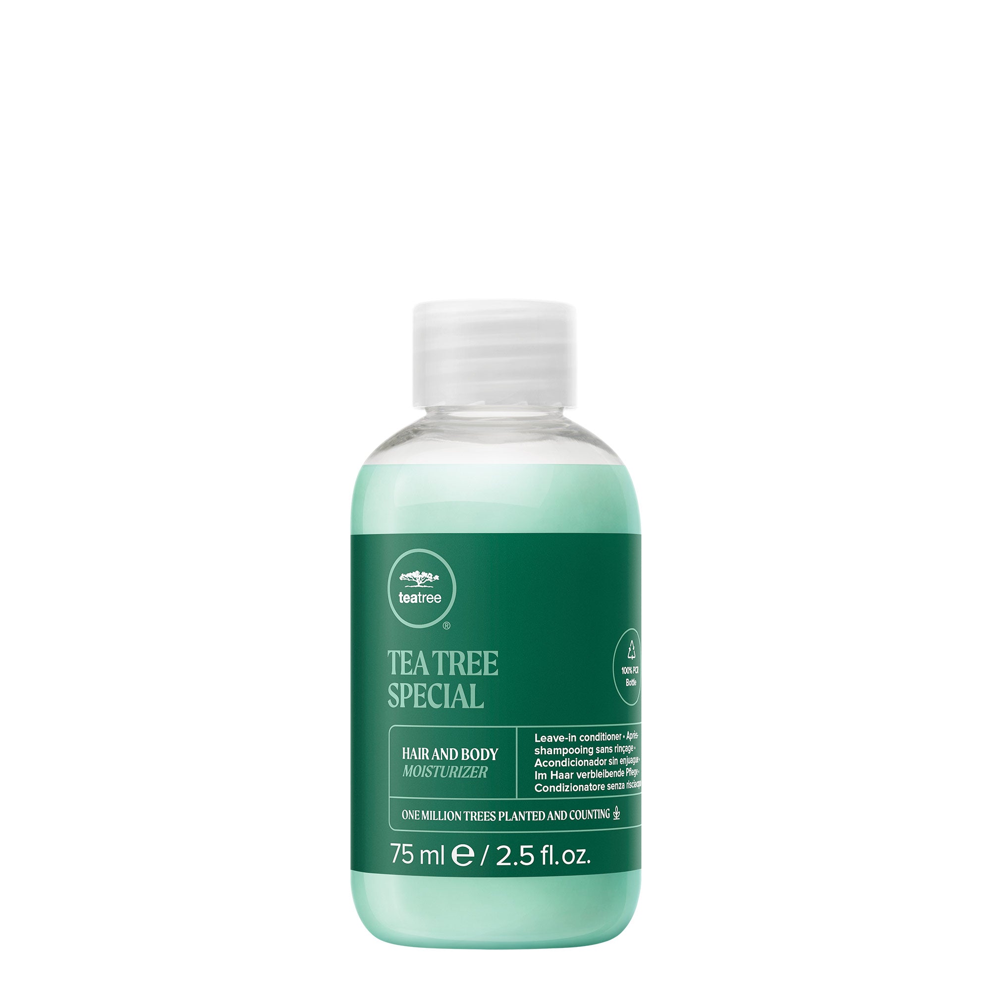 A bottle of Tea Tree Special Hair and Body Moisturizer Leave-In Conditioner on a white background.