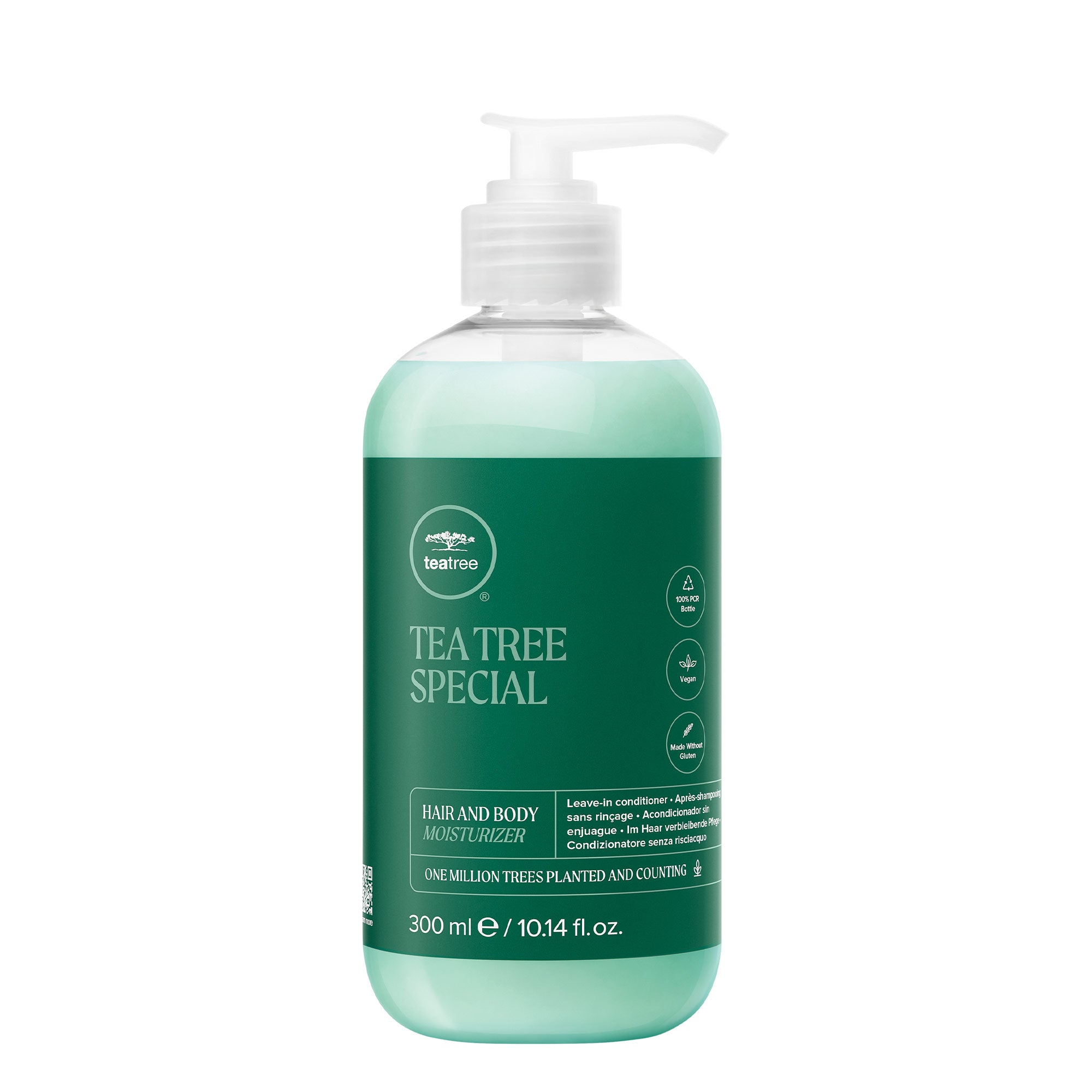 A pump bottle of Tea Tree Special Hair and Body Moisturizer Leave-In Conditioner on a white background.