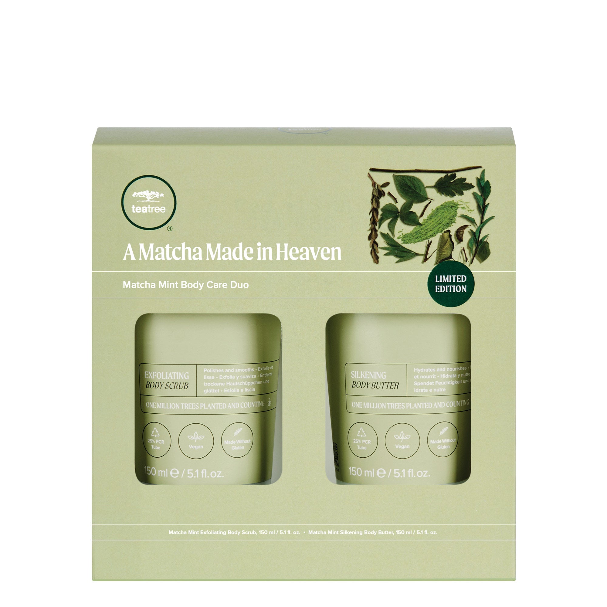 A matcha mint body care duo product packaging with two containers labeled 'Tea Tree Matcha Mint Exfoliating Body Scrub' and 'Tea Tree Matcha Mint Silkening Body Butter'. The background is green with leaf patterns, and the text is white.