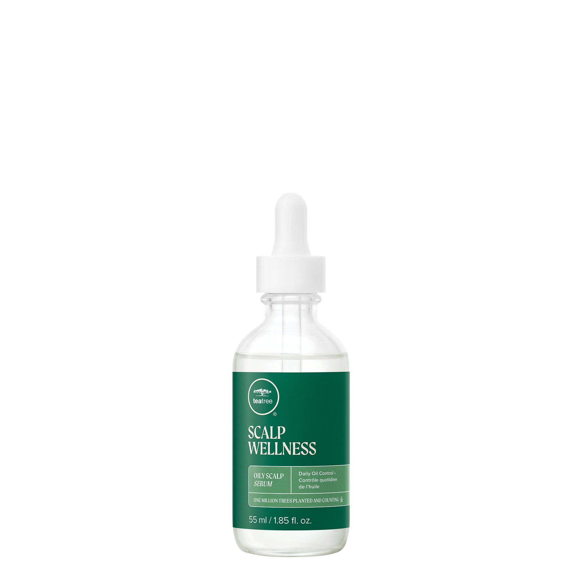 A bottle of Tea Tree Scalp Wellness Oily Scalp Serum with a dropper with a white background