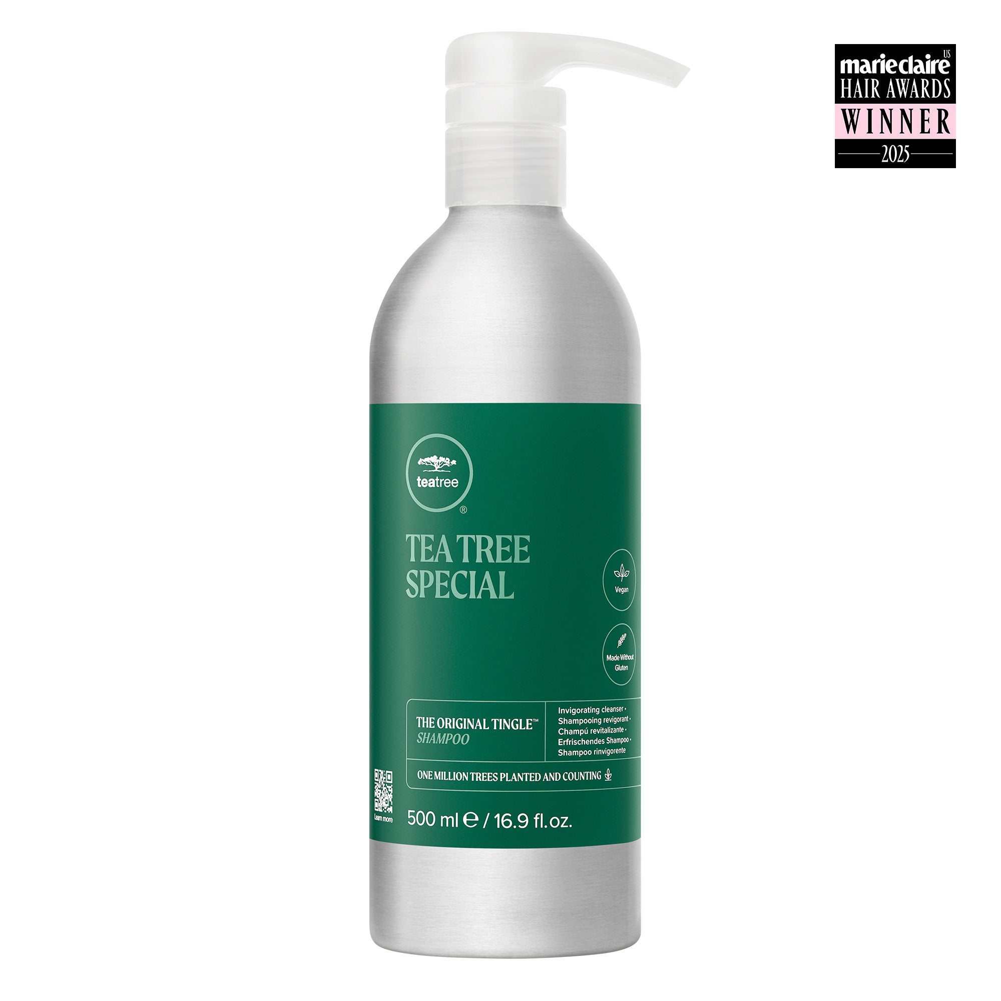 Tea Tree Special Shampoo Aluminum Bottle with pump on a white background with Marie Claire Hair Awards Seal