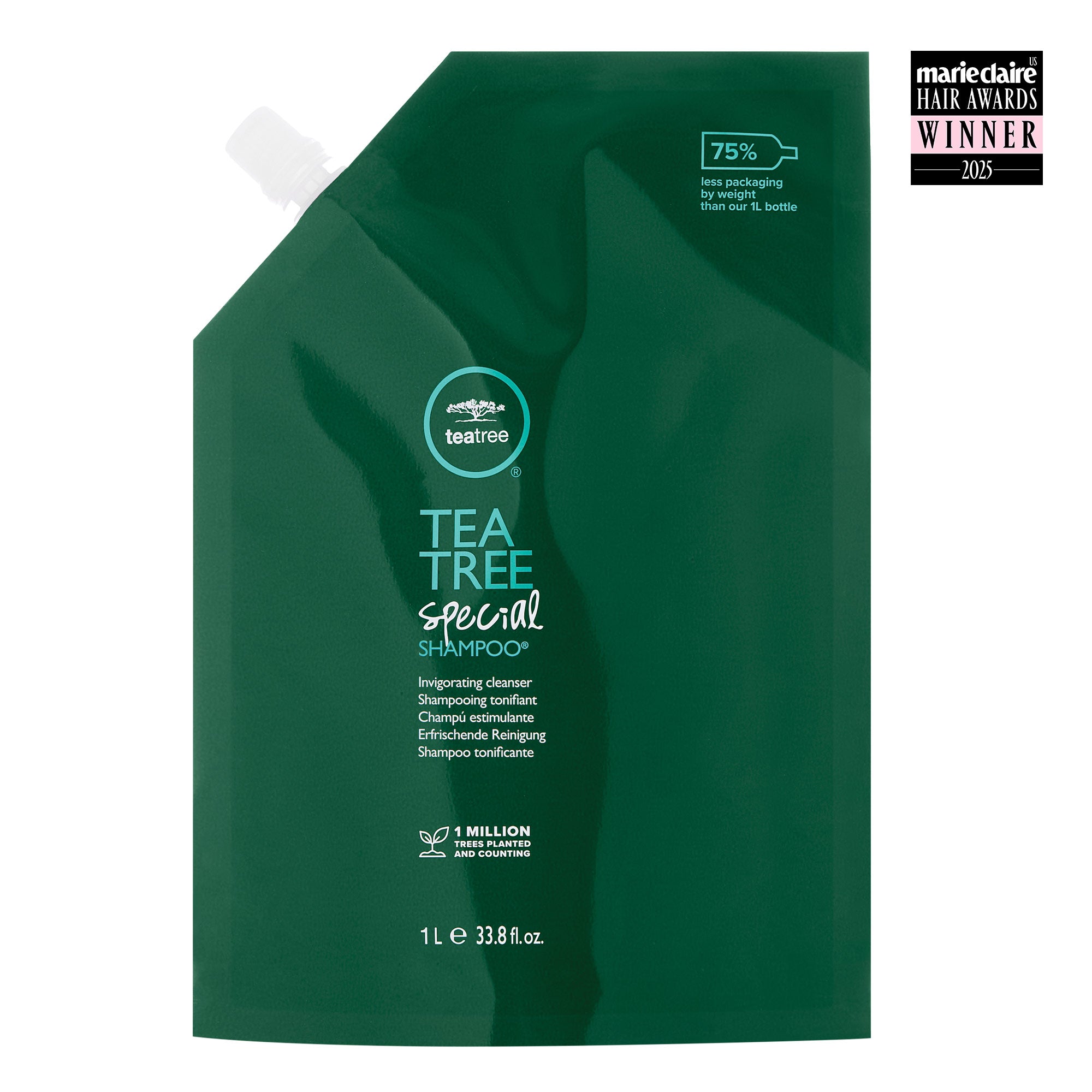 Tea Tree Special Shampoo Refill Pouch on a white background with Marie Claire Hair Award Seal.