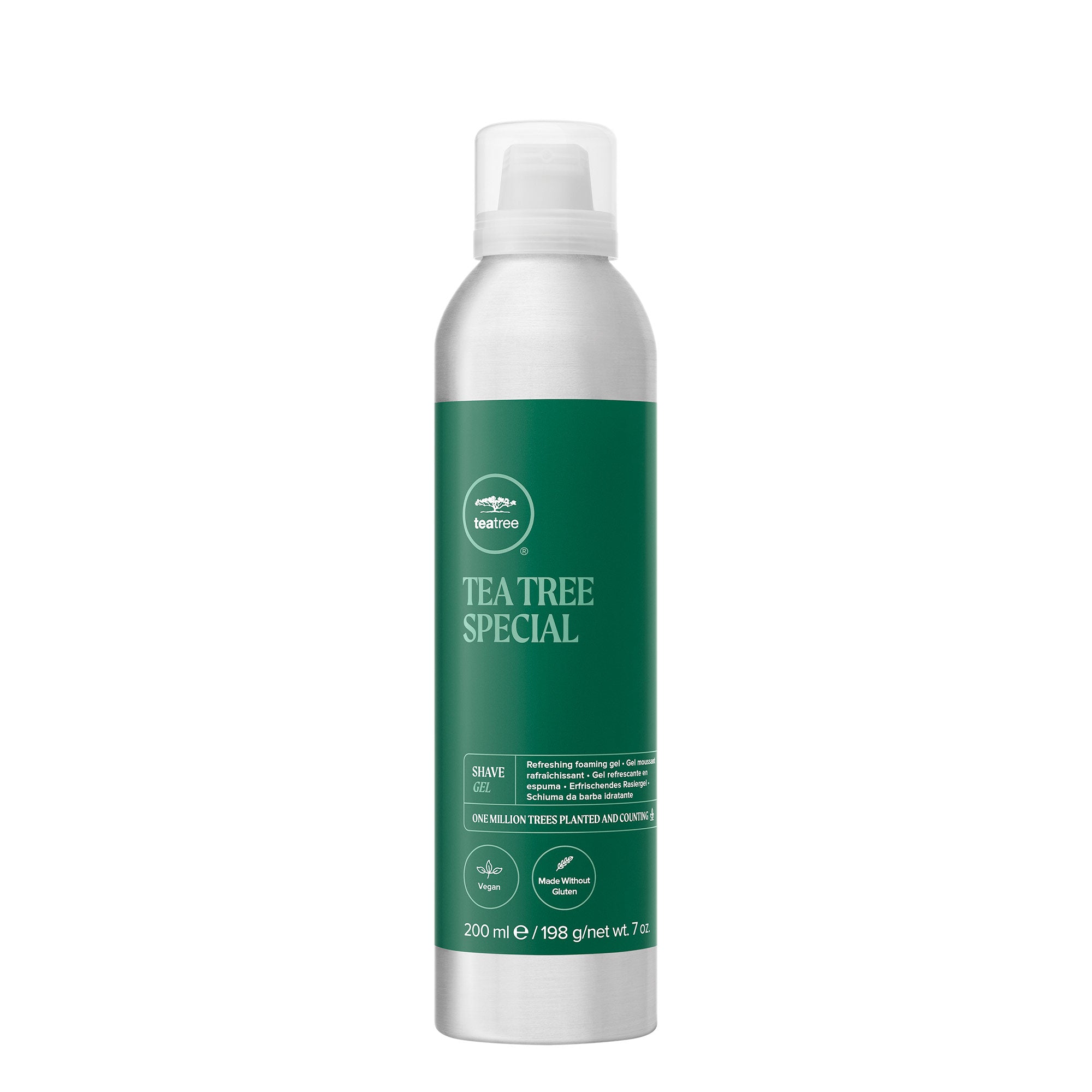 A can of Tea Tree Special Shaving Gel on a white background.