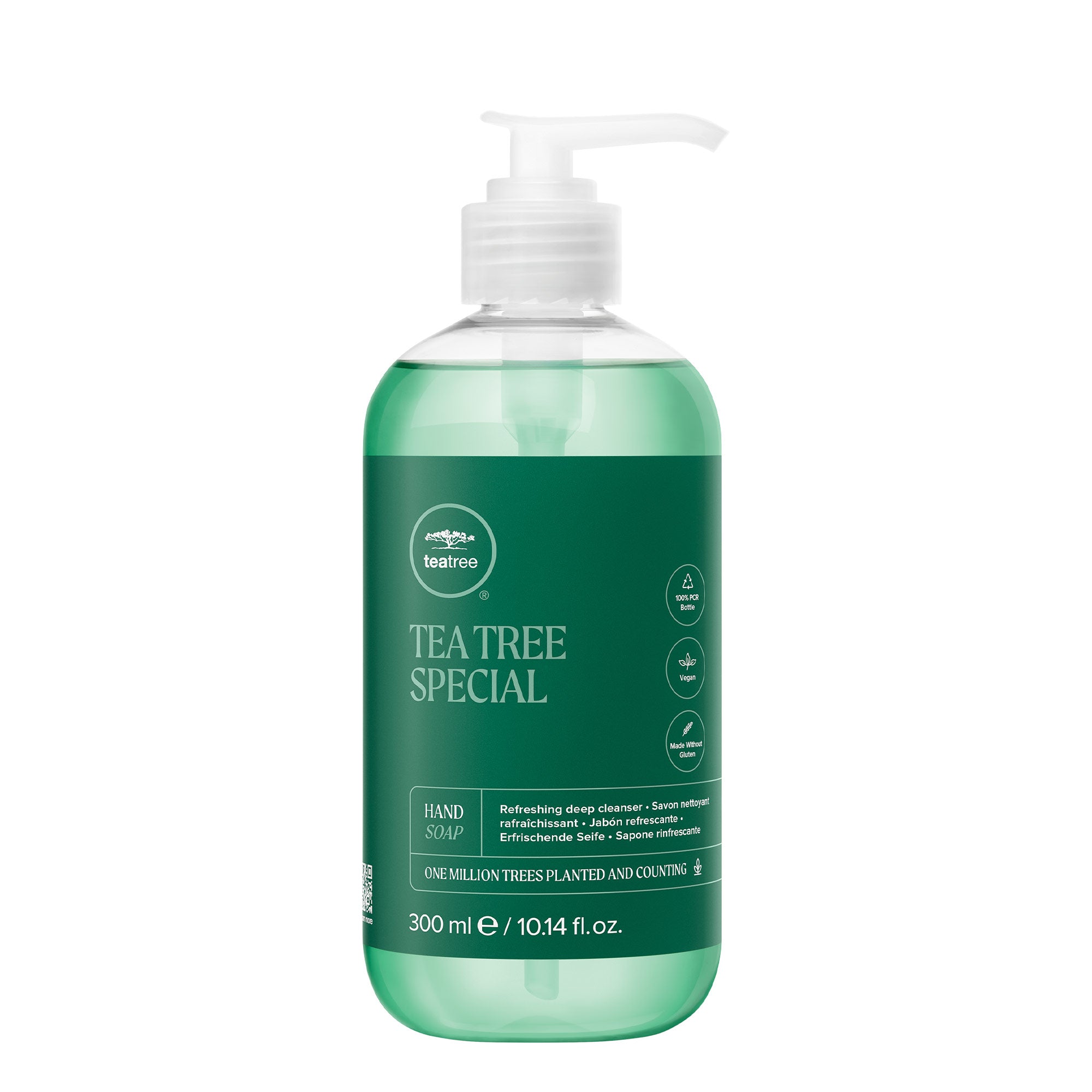 A pump bottle of Tea Tree Special Hand Soap on a white background