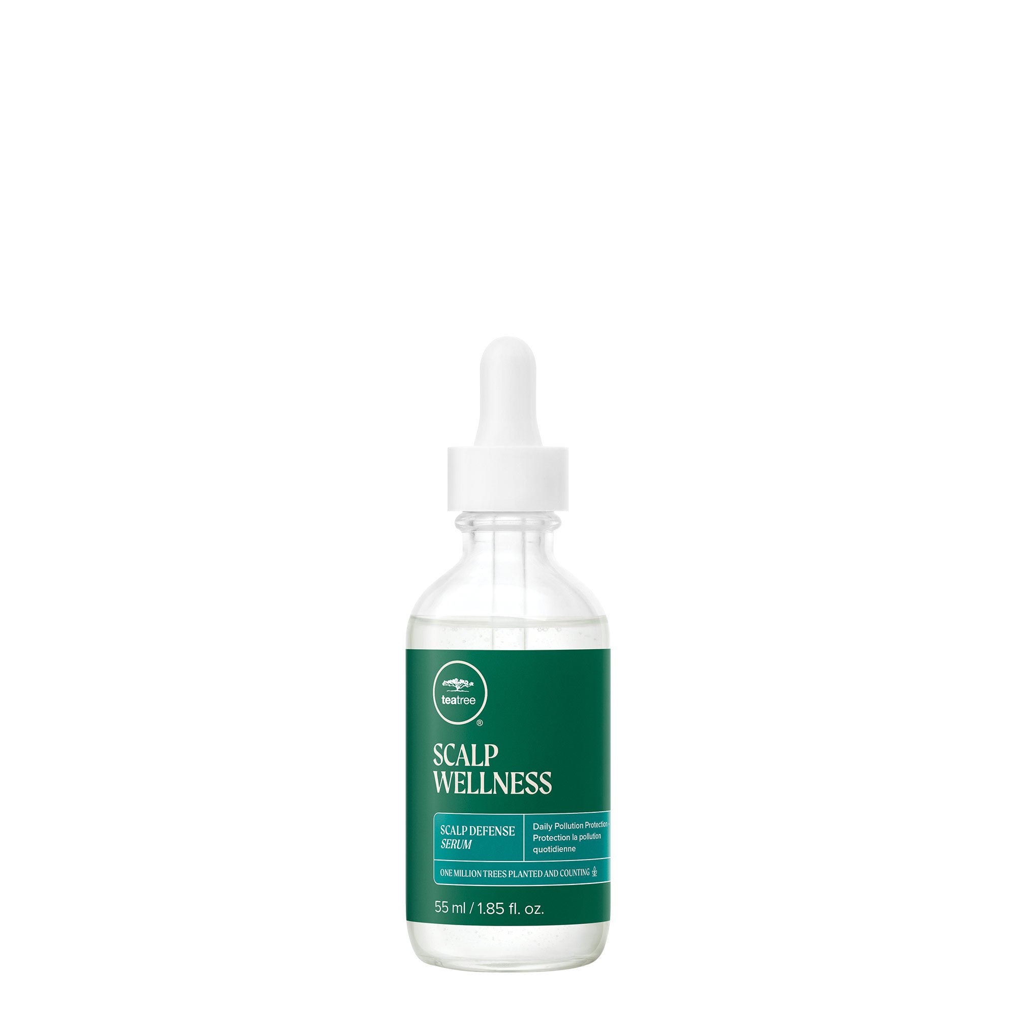 A bottle of Tea Tree Scalp Wellness Scalp Defense Serum with a dropper on a white background