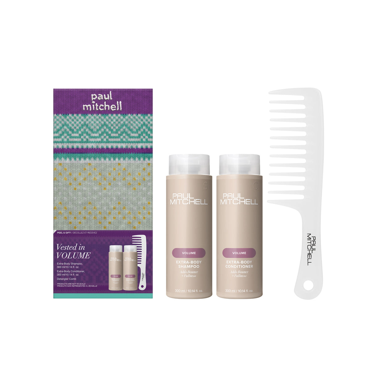 Paul Mitchell Extra-Body Holiday Gift Set box with Paul Mitchell Extra-Body Shampoo, Conditioner and a Detangler Comb.