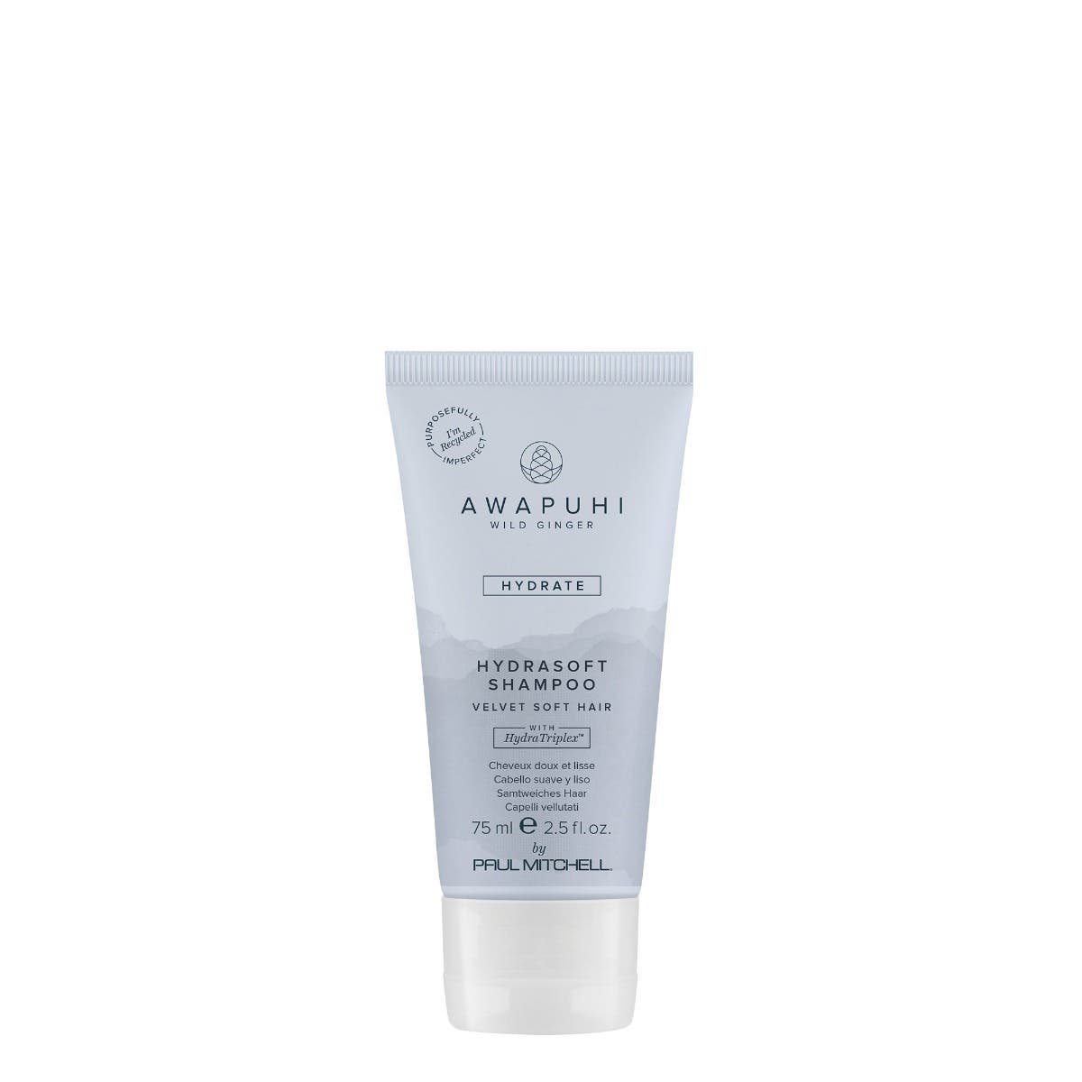 A tube of Awapuhi Wild Ginger HydraSoft Shampoo with a white and light blue label, indicating that it's a hydrating shampoo for hair care.