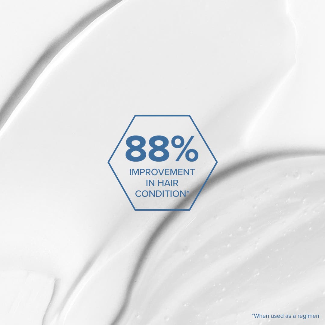 Claim on hair improvement if following the Bond Rx Shampoo, Conditioner, & Treatment regimen. Background is close-up image of smear