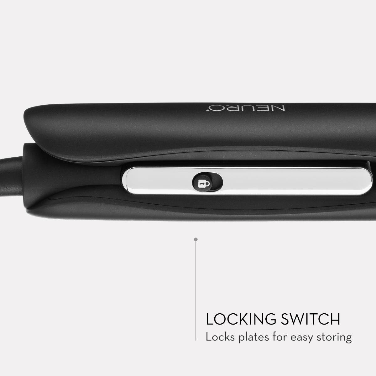 The Neuro Style+ 1" Ceramic Smoothing & Straightening Iron features a switch that locks plates for easy storage.