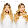 before/after image of a woman with long, blonde, wavy hair