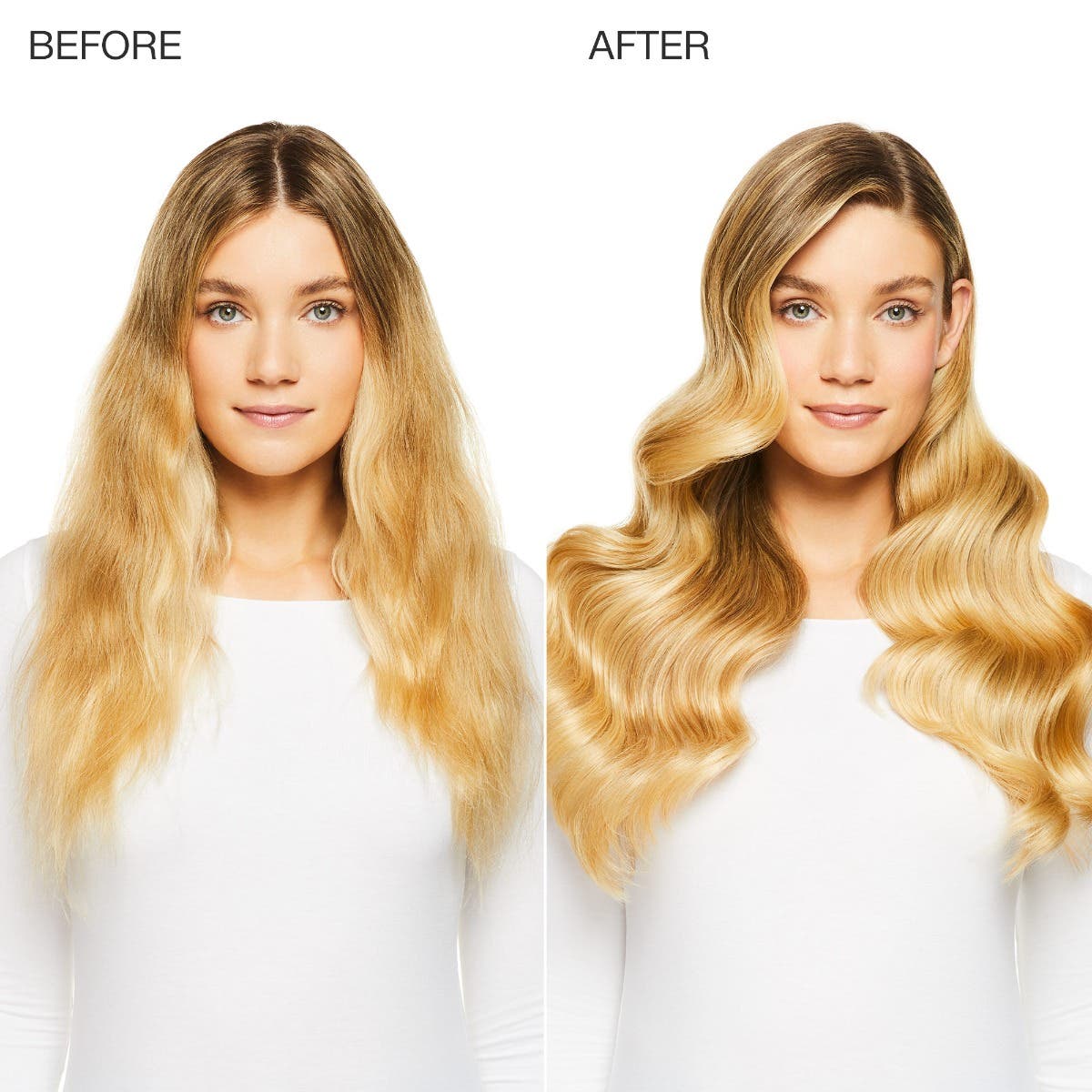 before/after image of a woman with long, blonde, wavy hair