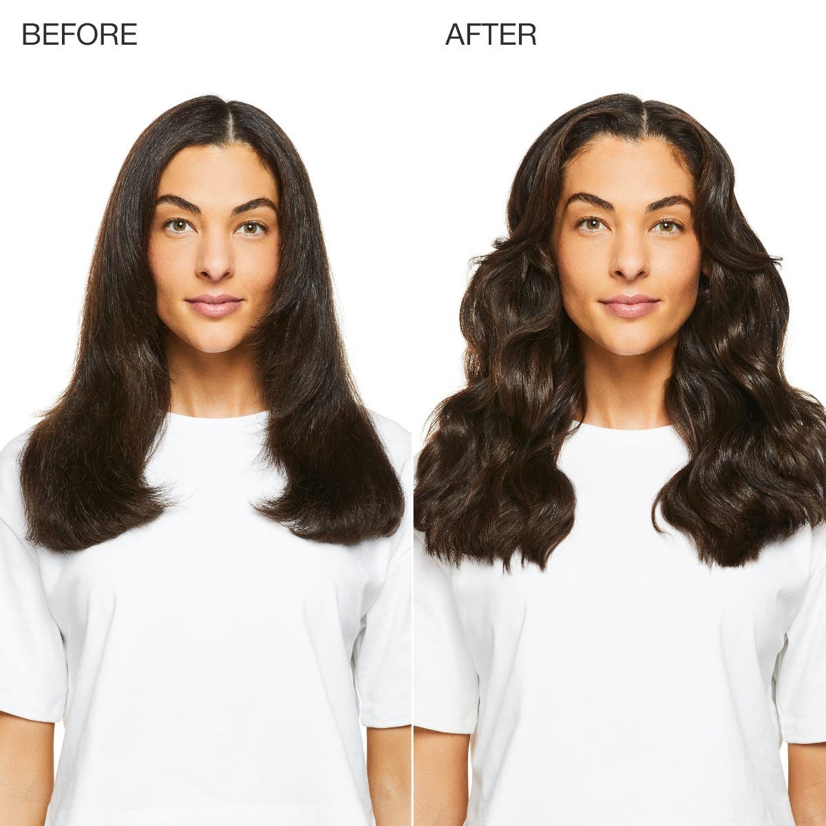 before/after image of a woman with long, wavy brunette hair