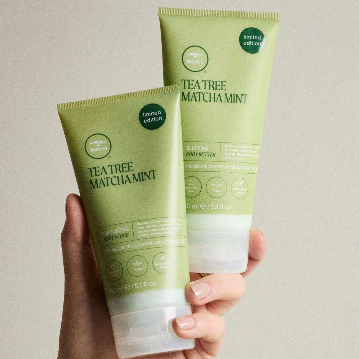 Model holding Tea Tree Matcha Mint Duo