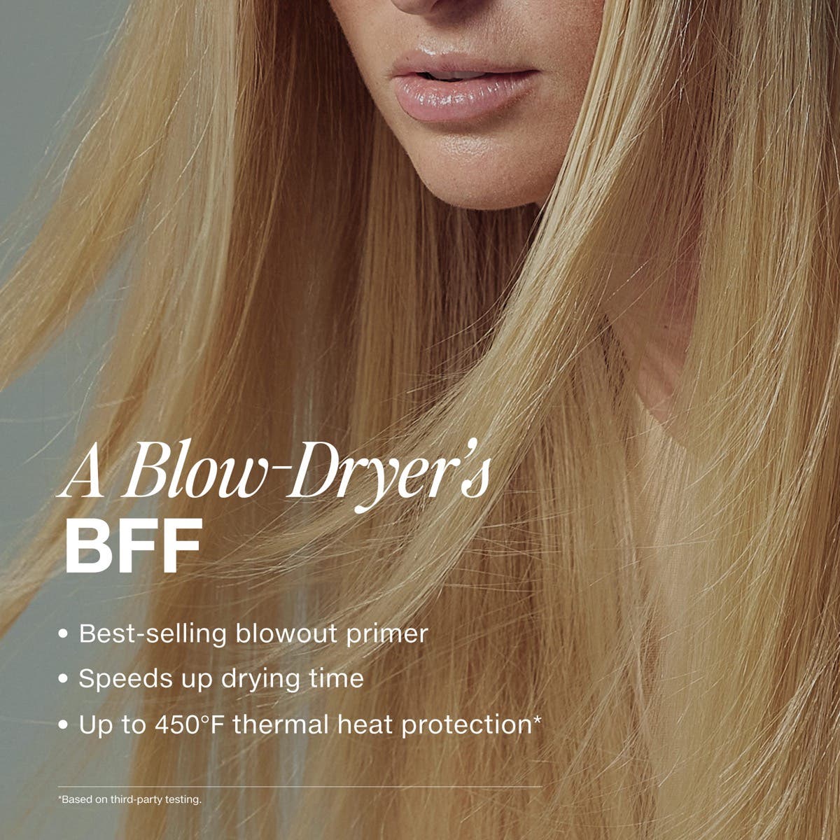 Close-up image of models frizz free shiny hair with infographic of why Super Skinny Serum is a blow-dryers best friend