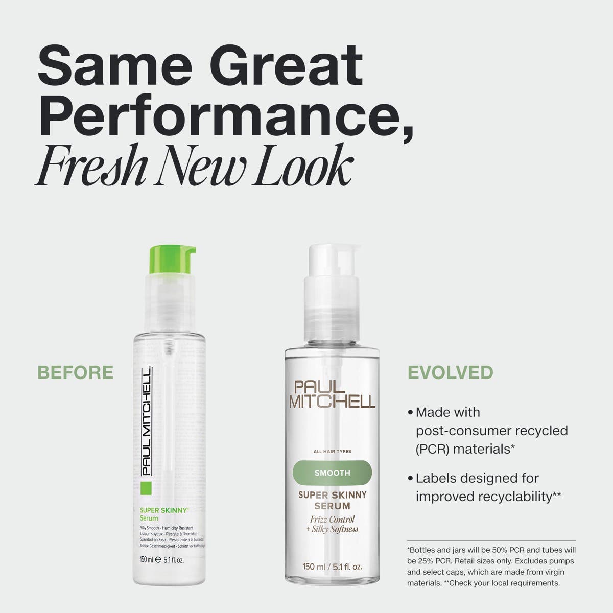 Paul Mitchell Super Skinny Serum in new PCR packaging with label designed for improved recyclability.