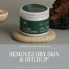 Tea Tree Special Detox Foaming Salt Scrub infographic, image includes an artistic setting