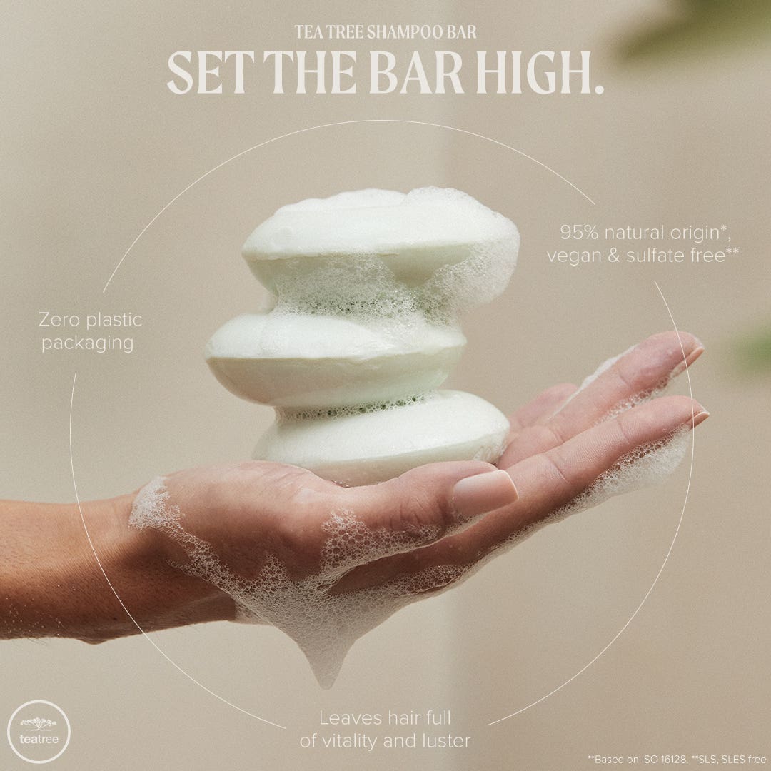 Tea Tree Special Shampoo bar infographic, image includes model holding three bars with suds and blurred out background