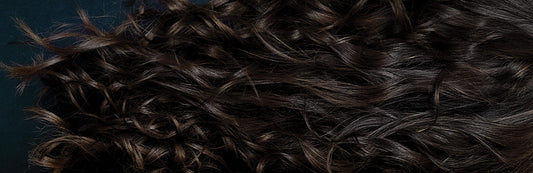 close-up image of long, curly brunette hair