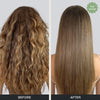 Back facing before and after model with flat ironed hair.