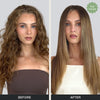 Front-facing before and after model with flat ironed hair.