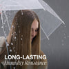 Model in the rain with graphic text: Long-lasting humidity resistance.
