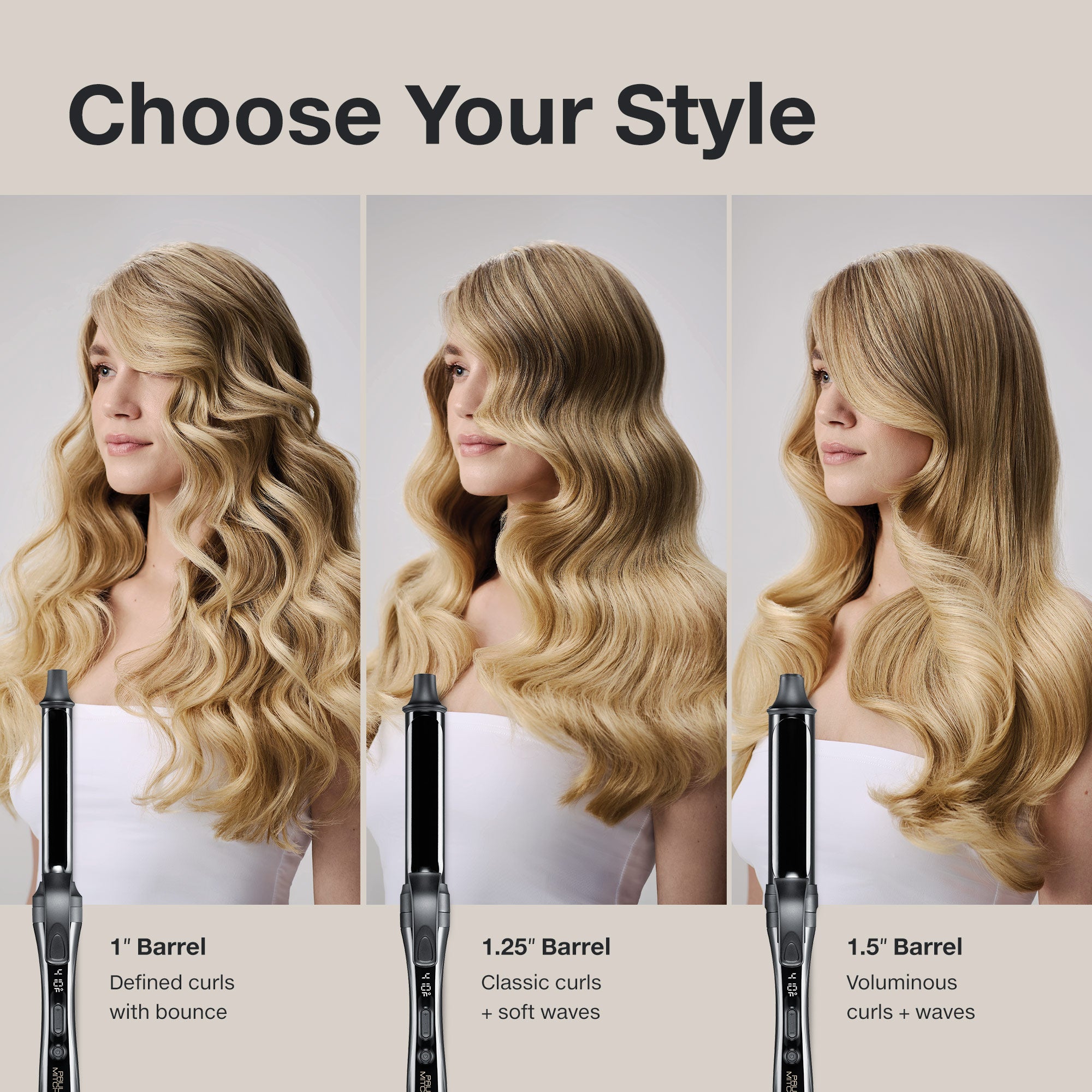 The Paul Mitchell Clipped 3-in-1 Ceramic Interchangeable Curling Iron has 3 clip barrels to create infinite styles.